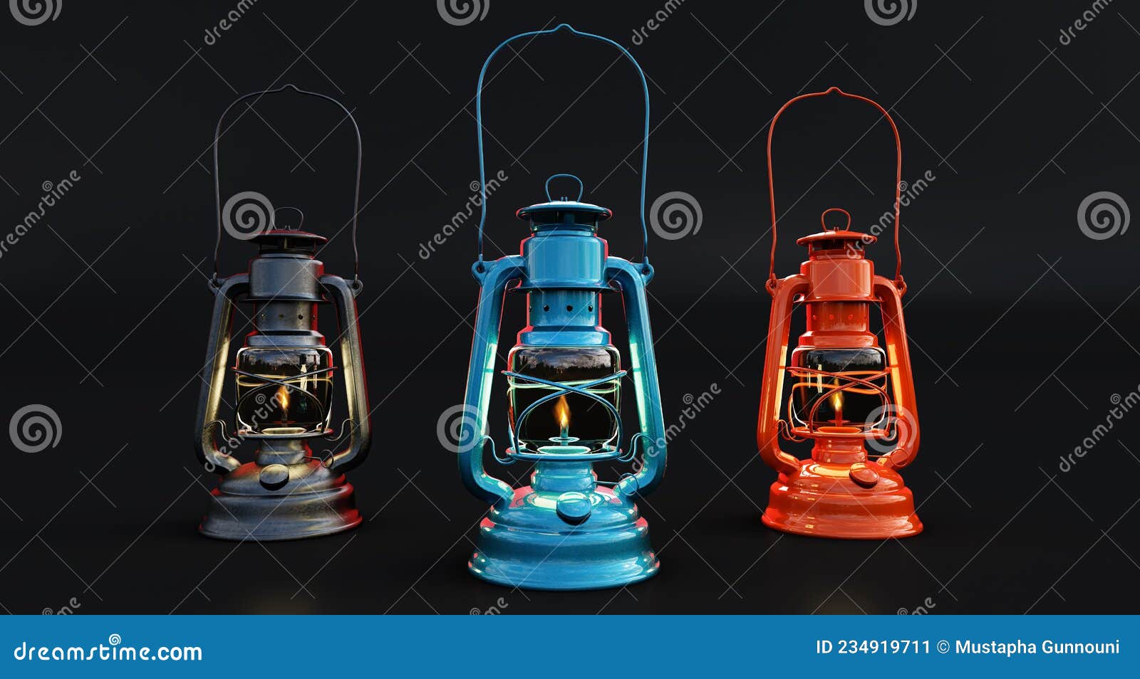 tree colored kerosene lamp  on black background, vintage black, blue and orange lantern