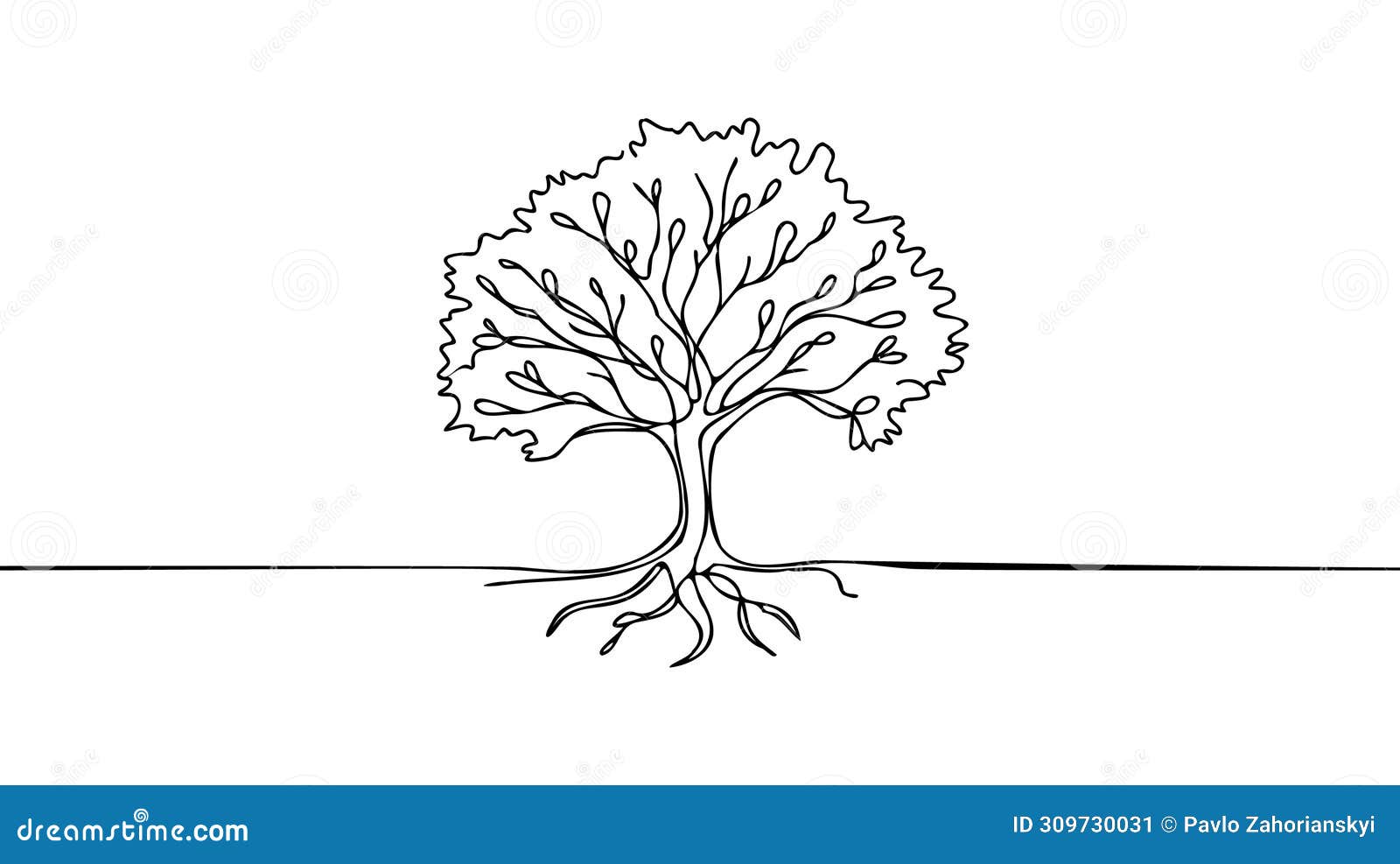 tree in continuous line art drawing style. giant and powerful tree black linear   on white background.