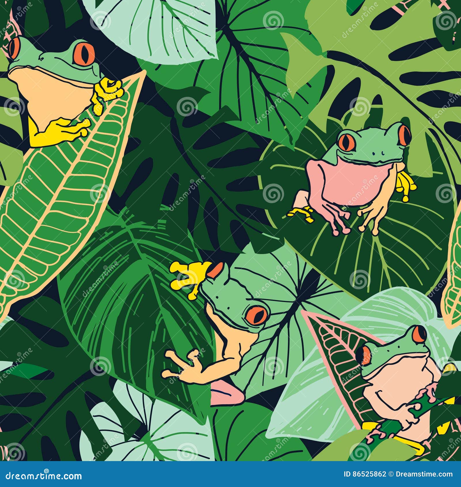 Tree Frogs And Tropical Leaves Vector Illustration | CartoonDealer.com