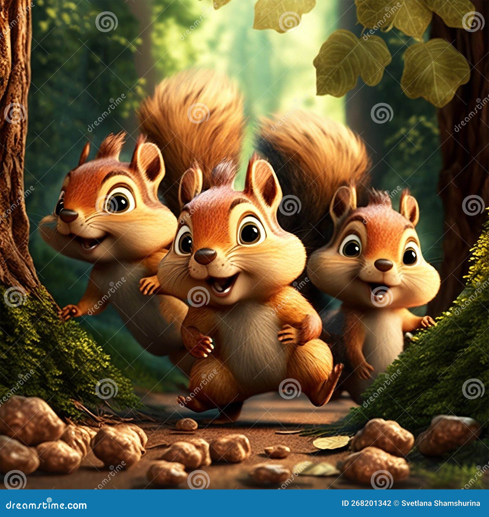 Tree Funny Squirrels in Summer Forest. 3d Realistic Cartoon Characters