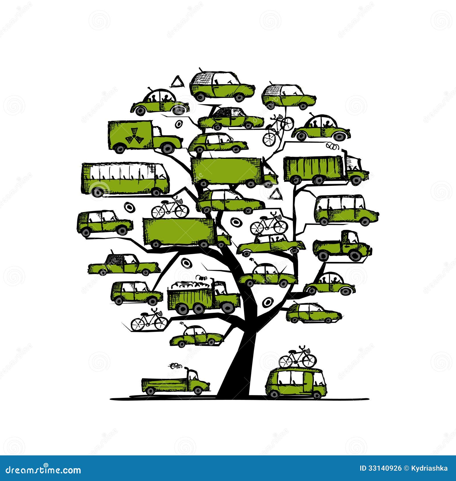 Tree With Green Cars, Transportation Concept For Stock Vector