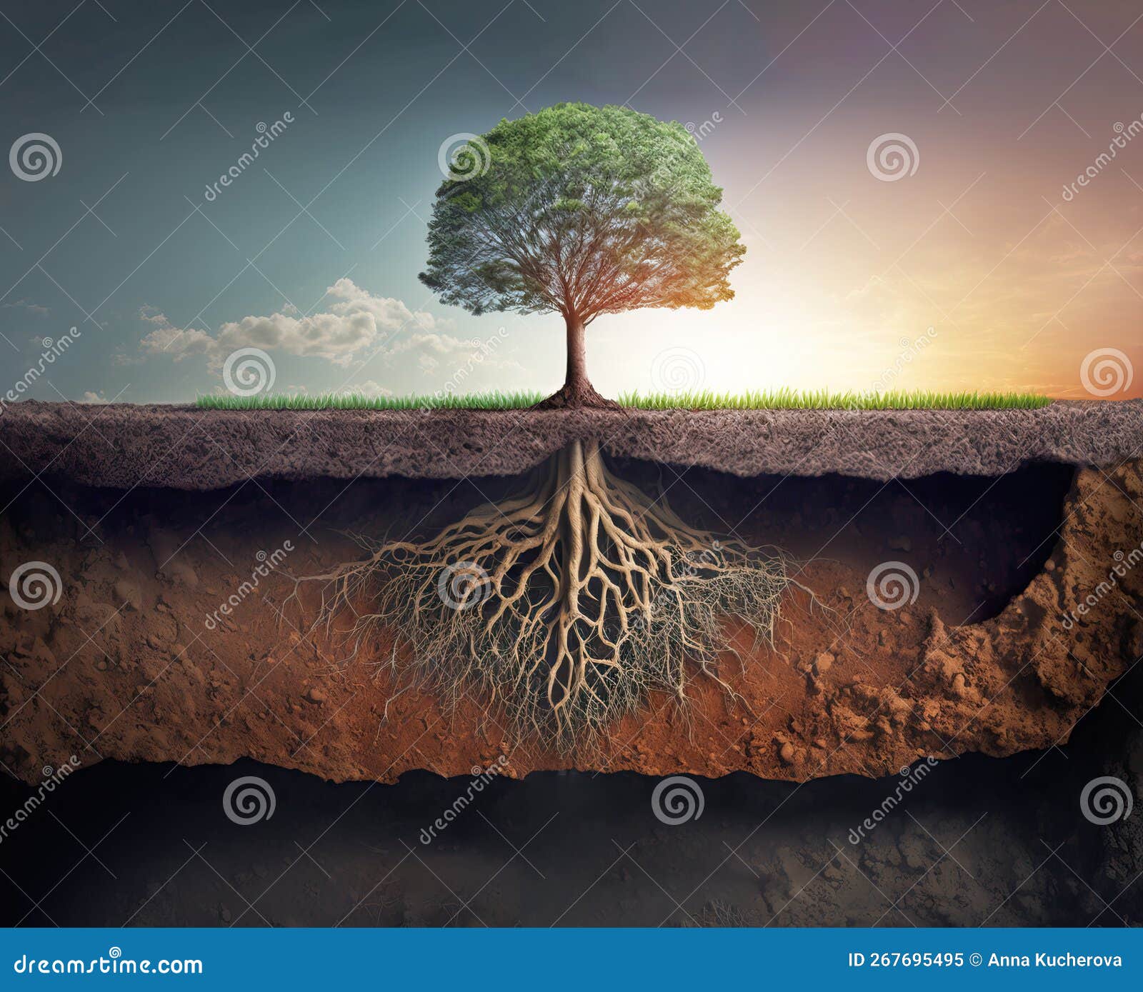 Tree Growing in a Field, Surface and Underground Section with La Stock