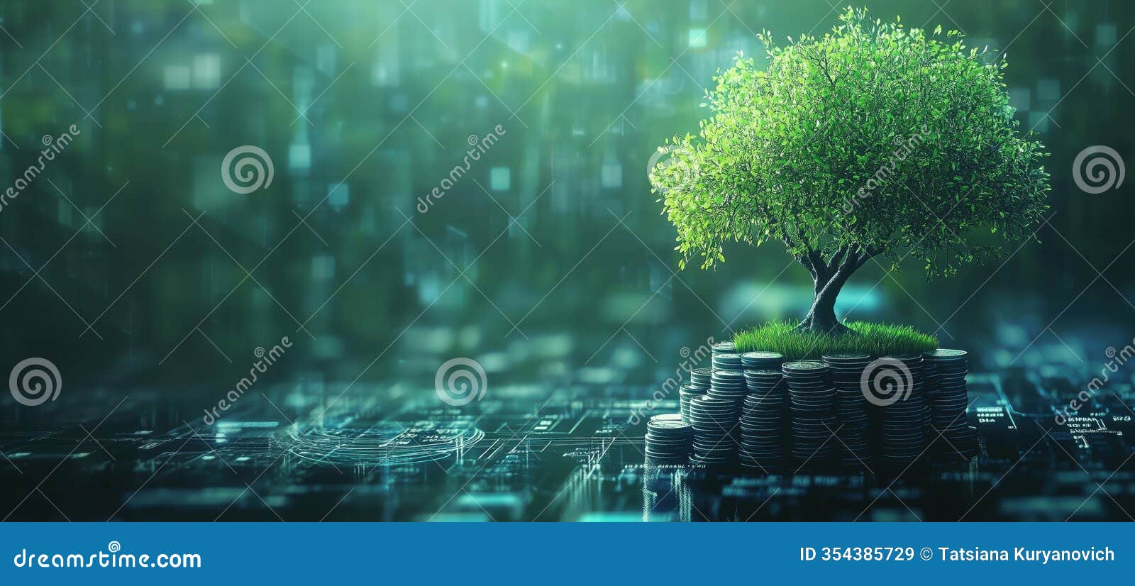 tree growing on stack of coins izing financial growth and sustainability in digital age, copy space for text