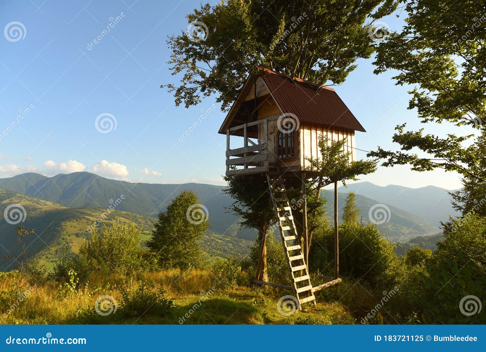 Tree House in the Mountains, a Children`s Treehouse Stock Image ...