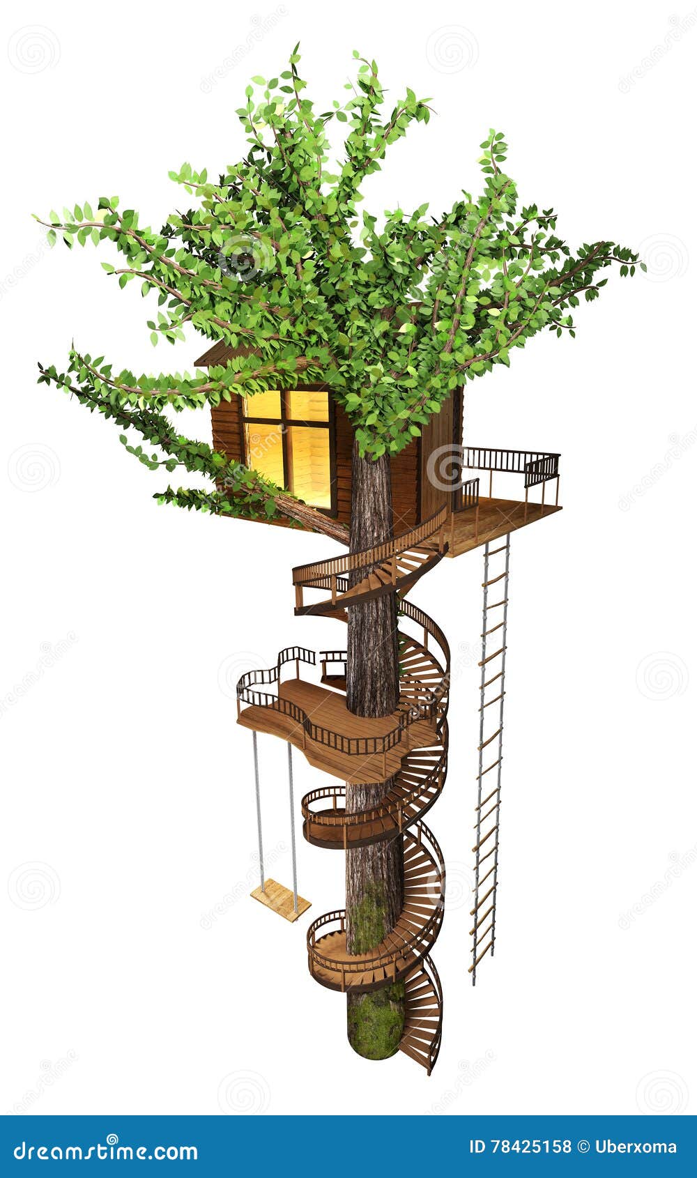 Tree House with a Spiral Staircase, Swing, Rope-ladder. 3D Illustration  Stock Illustration - Illustration of kids, magical: 78425158