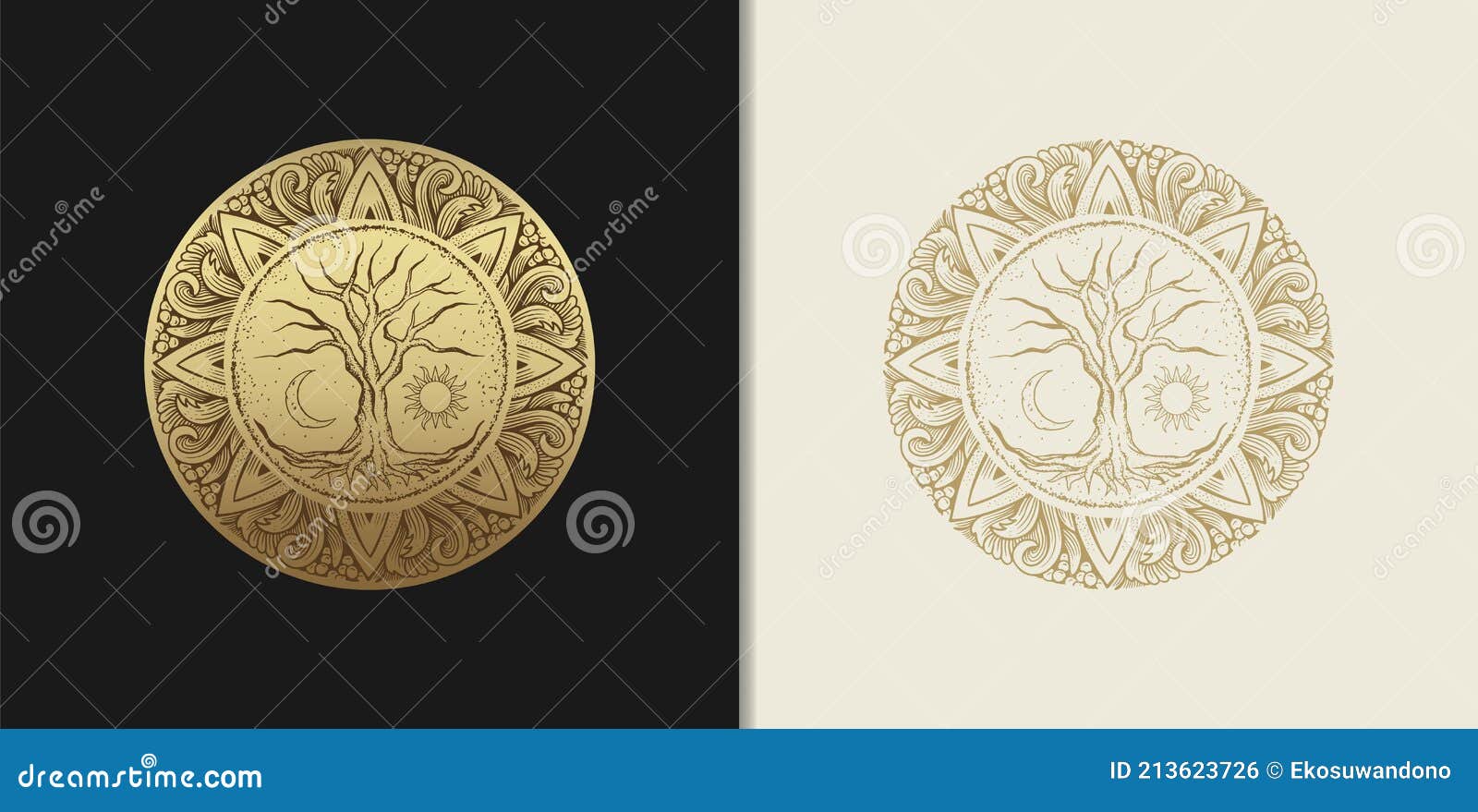 tree of life with moon and sun with engraving, luxury theme for tarot reader