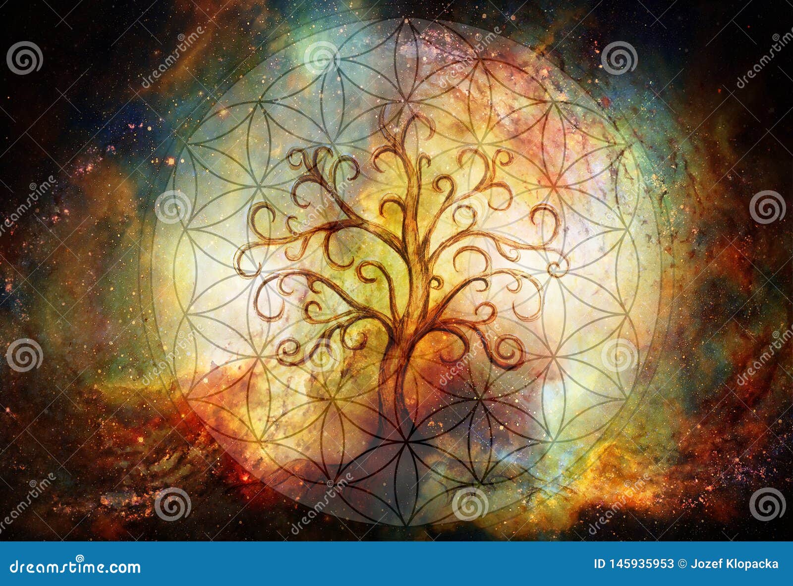 Tree of Life Symbol and Flower of Life and Space Background, Yggdrasil