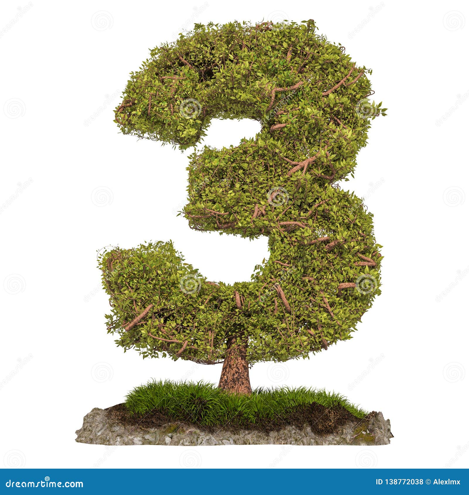 Tree Number 3. Tree in Shaped of Number 3, 3D Rendering Stock