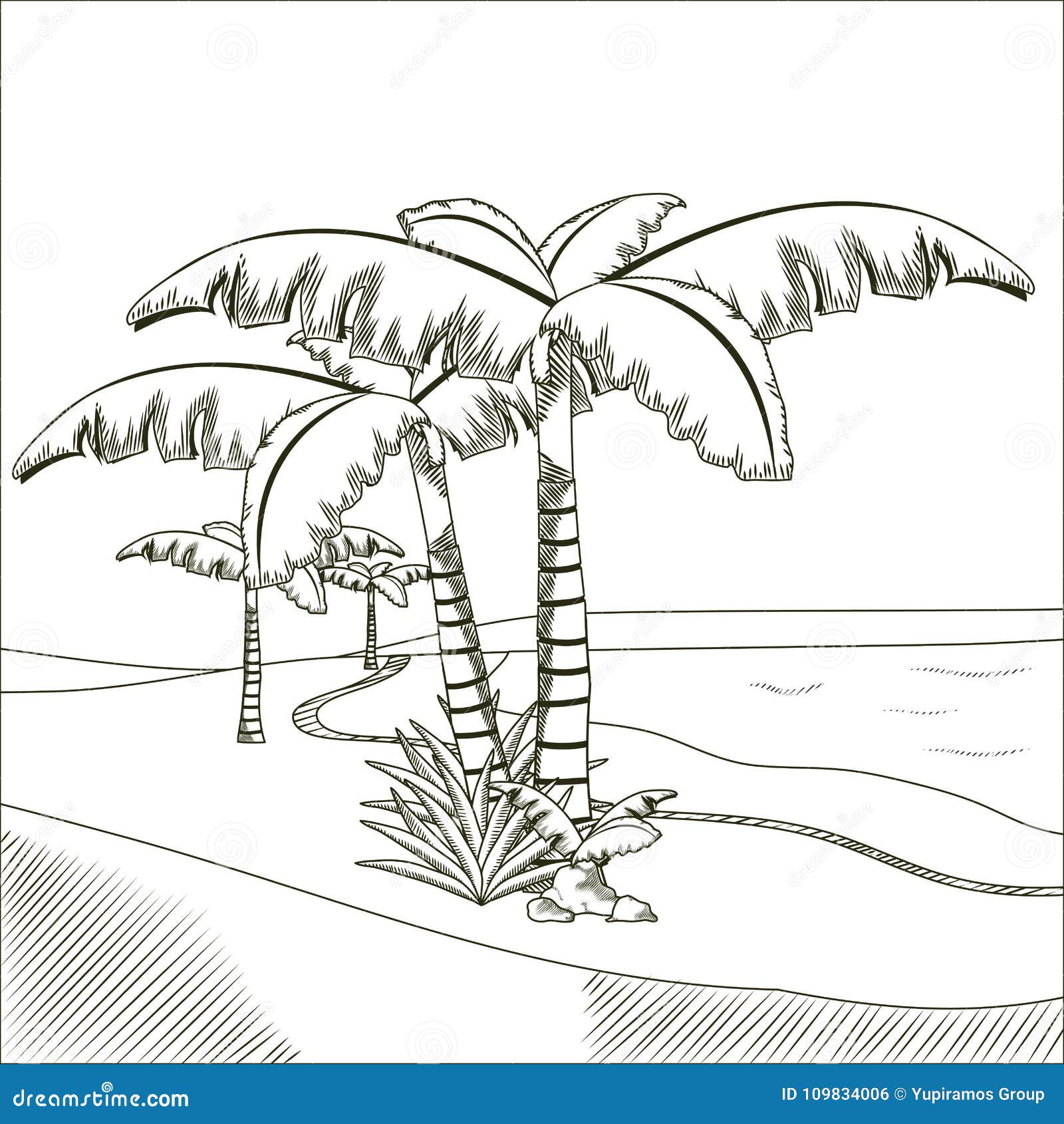 Tree Palms on Desert Hand Drawn Stock Vector - Illustration of scenery ...