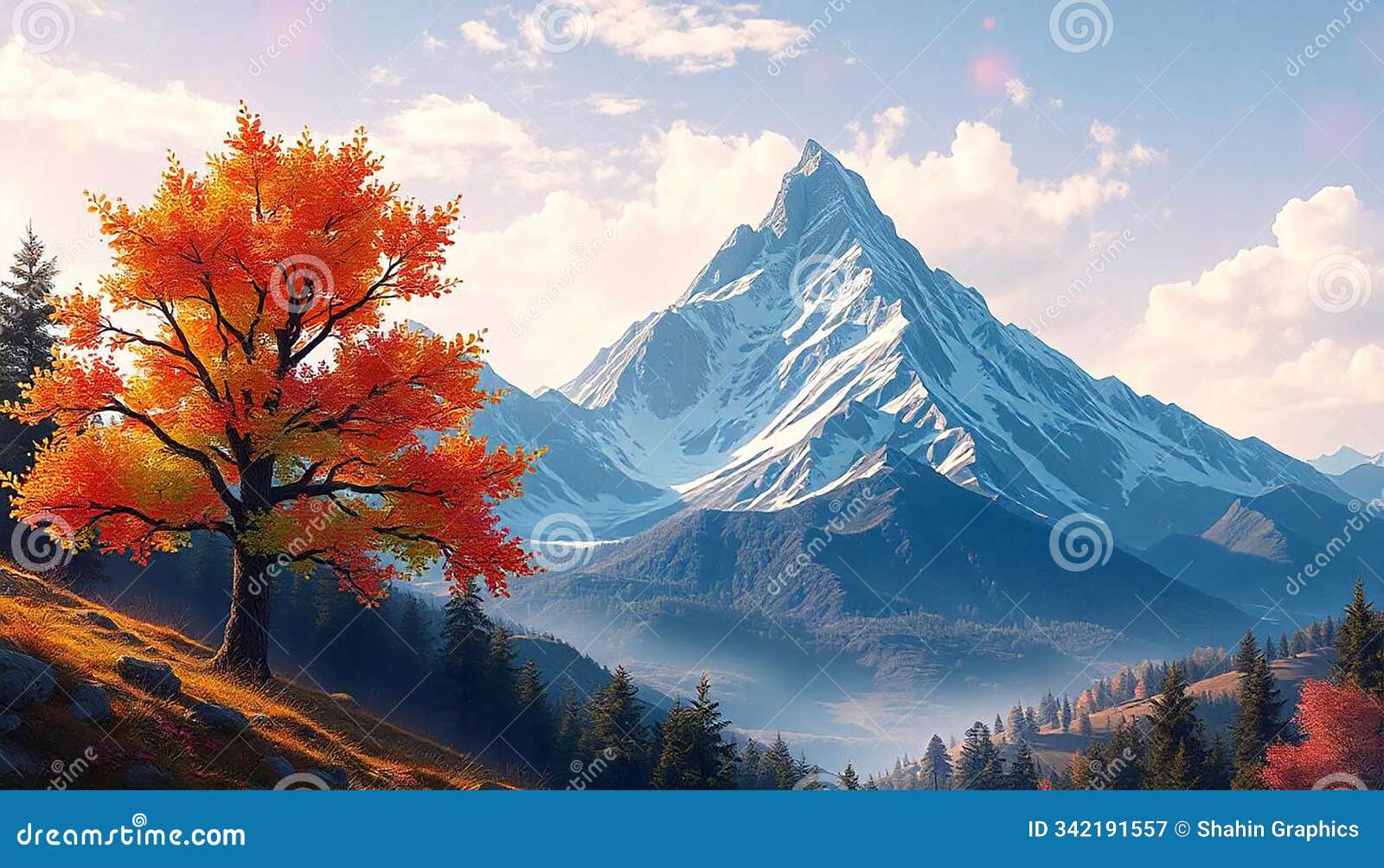 a digital painting of a mountain with a colorful tree in the foreground