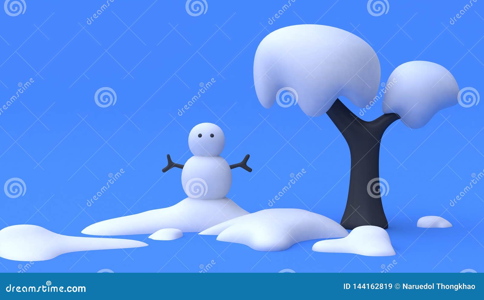 Tree Snowman Many Snow Of Blue Scene Blue Background Nature Winter Concept Abstract Cartoon Style Minimal 3d Render Stock Illustration Illustration Of Frost Falling 144162819