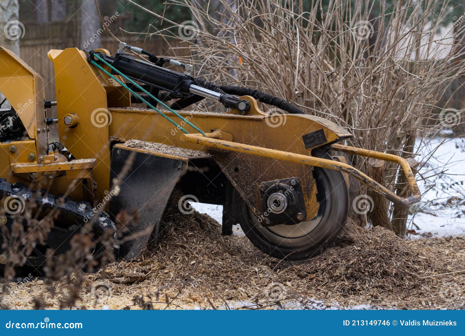 Tree Stump Removing Process with Yellow Stump Grinder Stock Photo