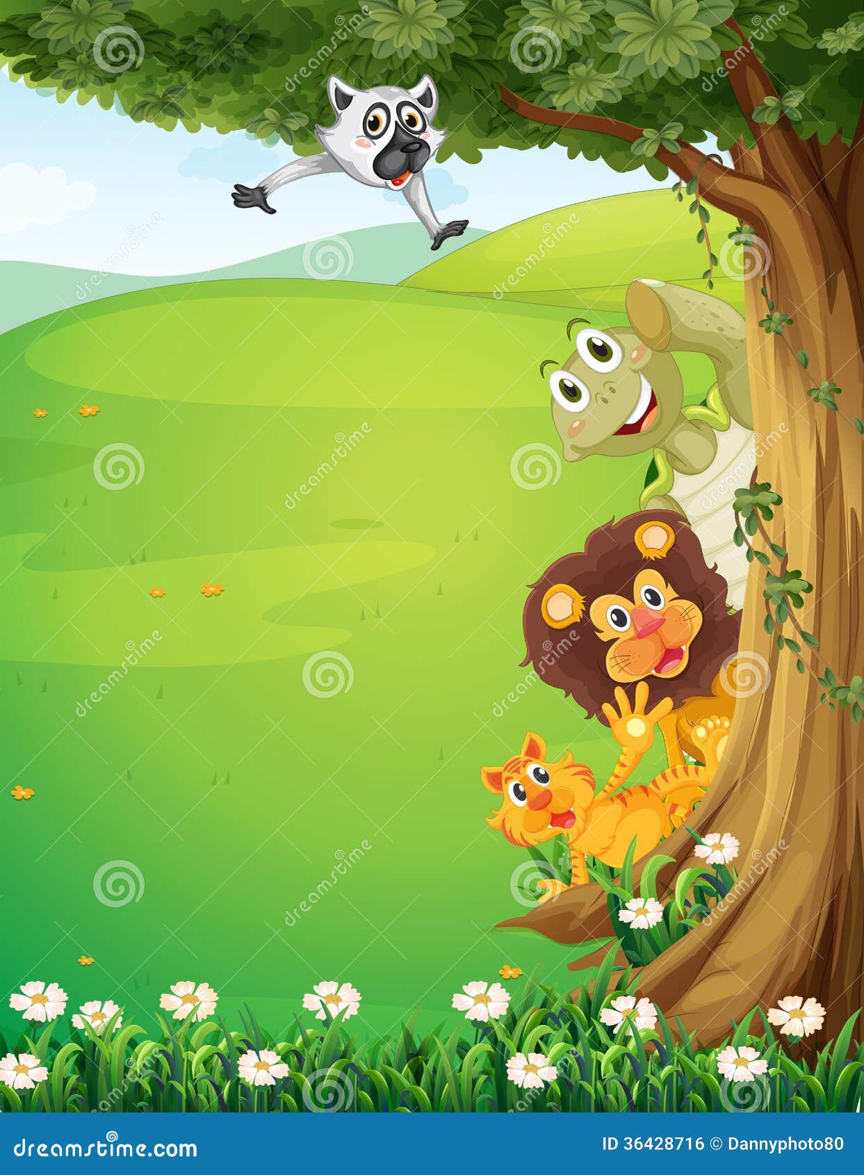 A Tree at the Top of the Hills with Animals Hiding Stock Illustration -  Illustration of hide, hillside: 36428716