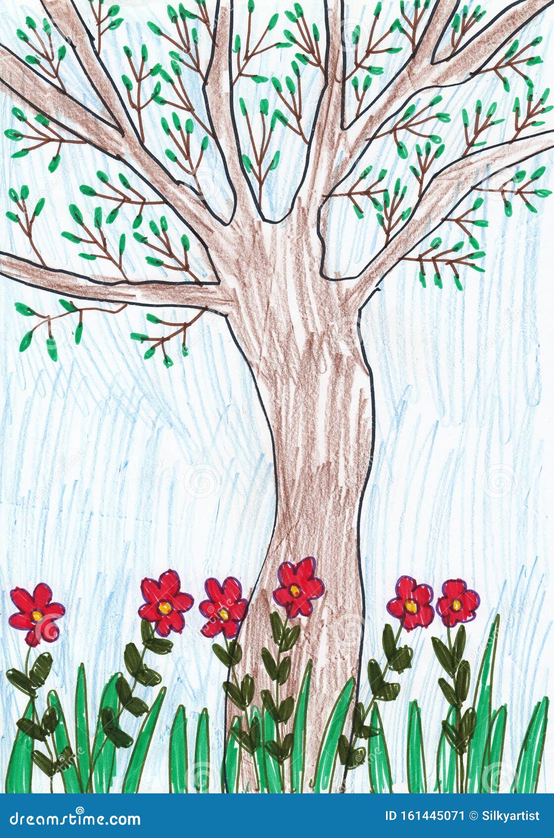 Tree with Flowers - Hand Drawn Illustration, Simple Drawing Stock ...