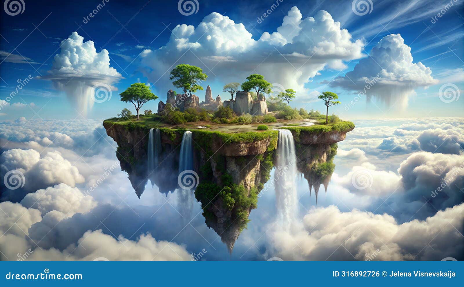 a treecovered floating island with a waterfall amidst the clouds