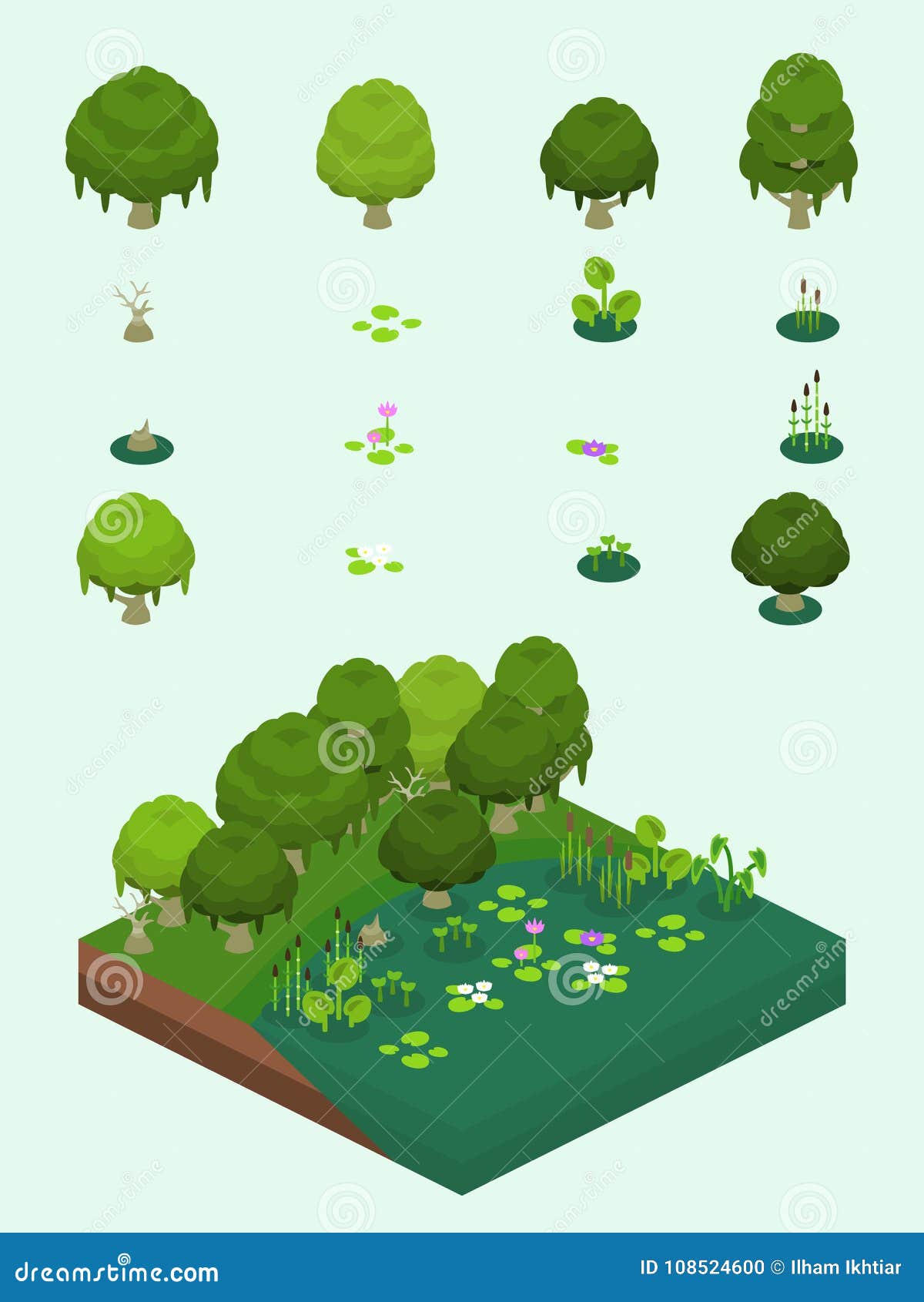 isometric simple plants set - wetland biome