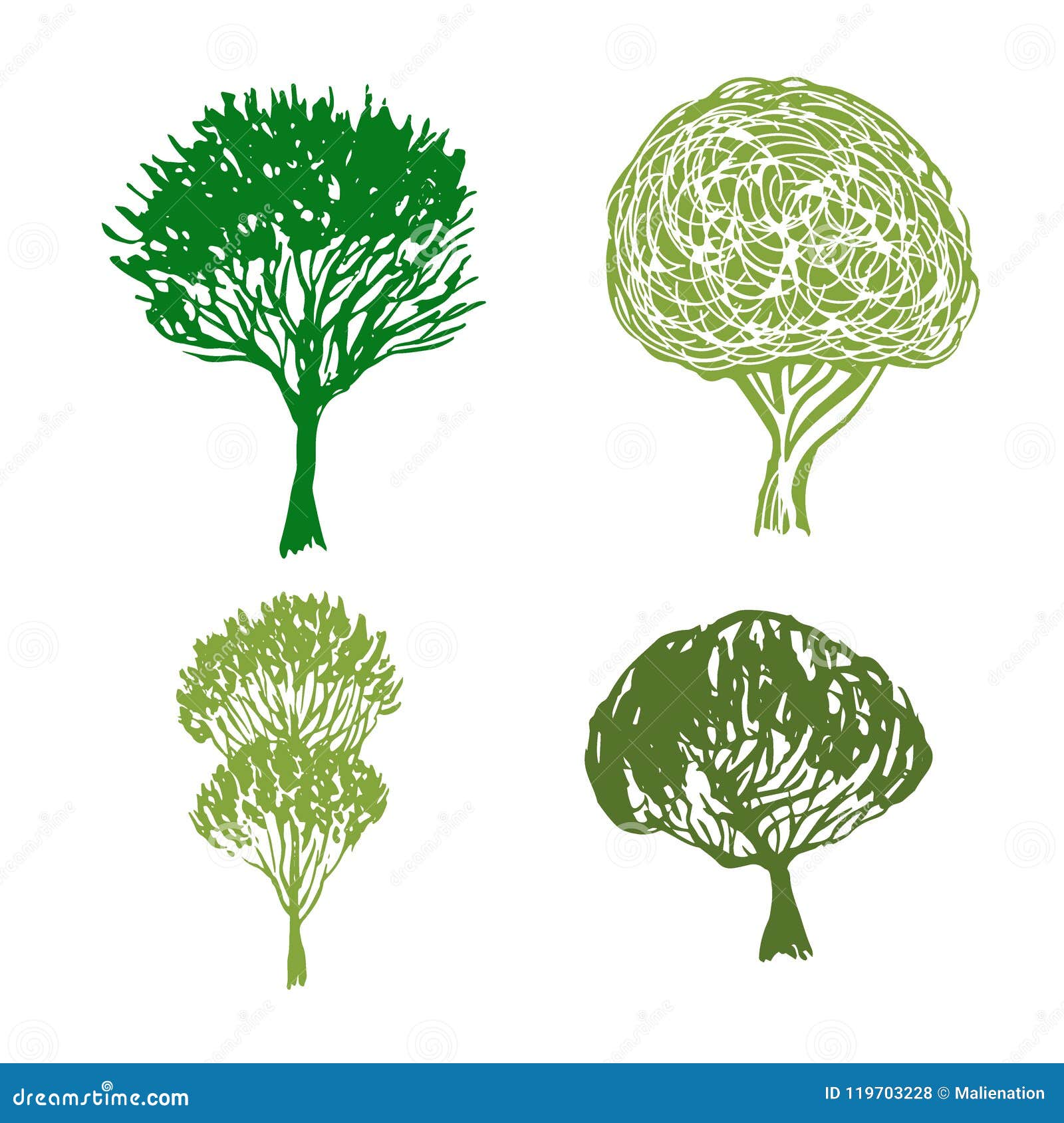 Trees handdrawn vector. Sketched isolated garden elements. Green silhouette icons.