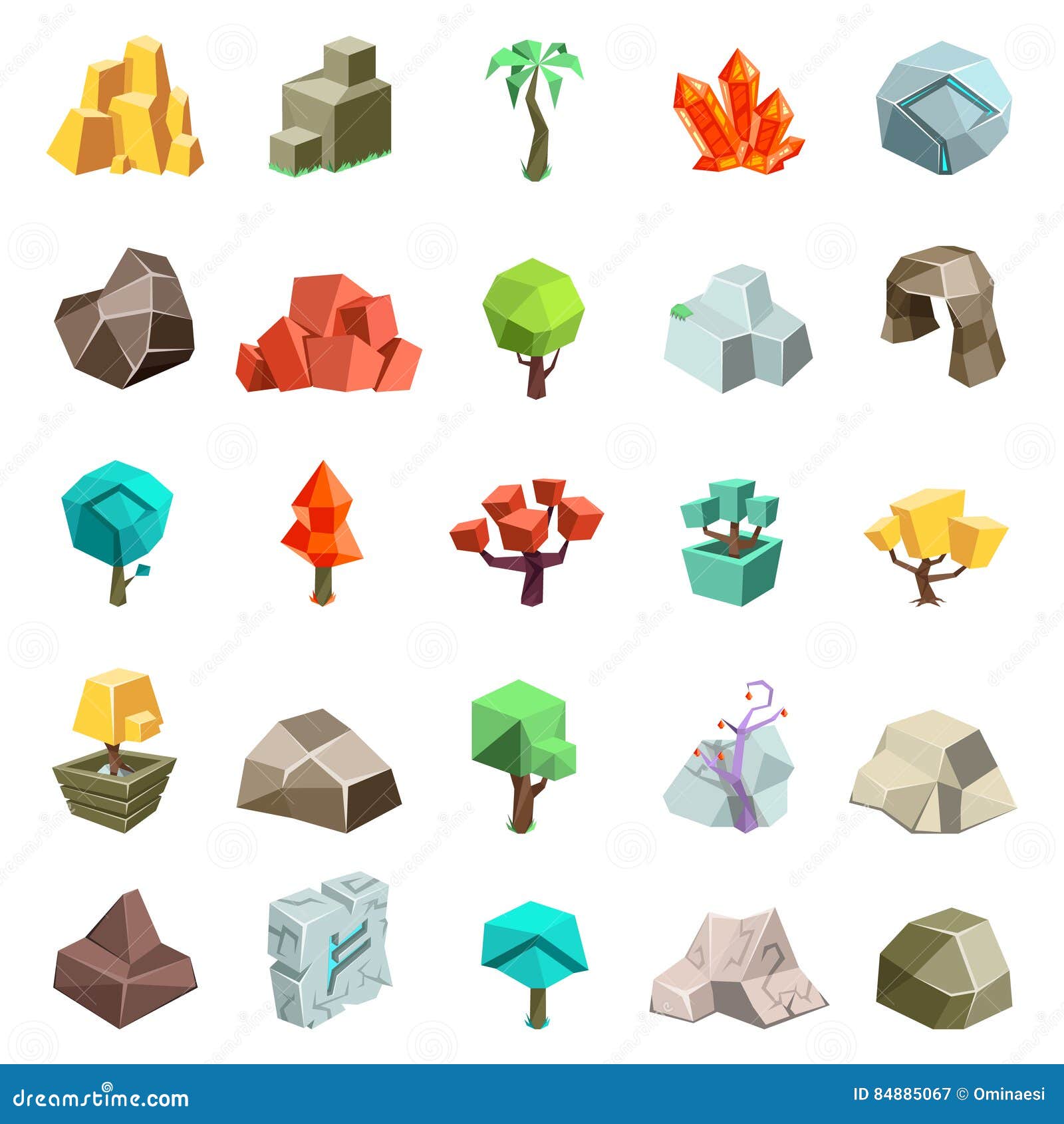 trees rock stone boulder cave cristal rune cartoon isometric 3d flat style icons set game art environment low poly