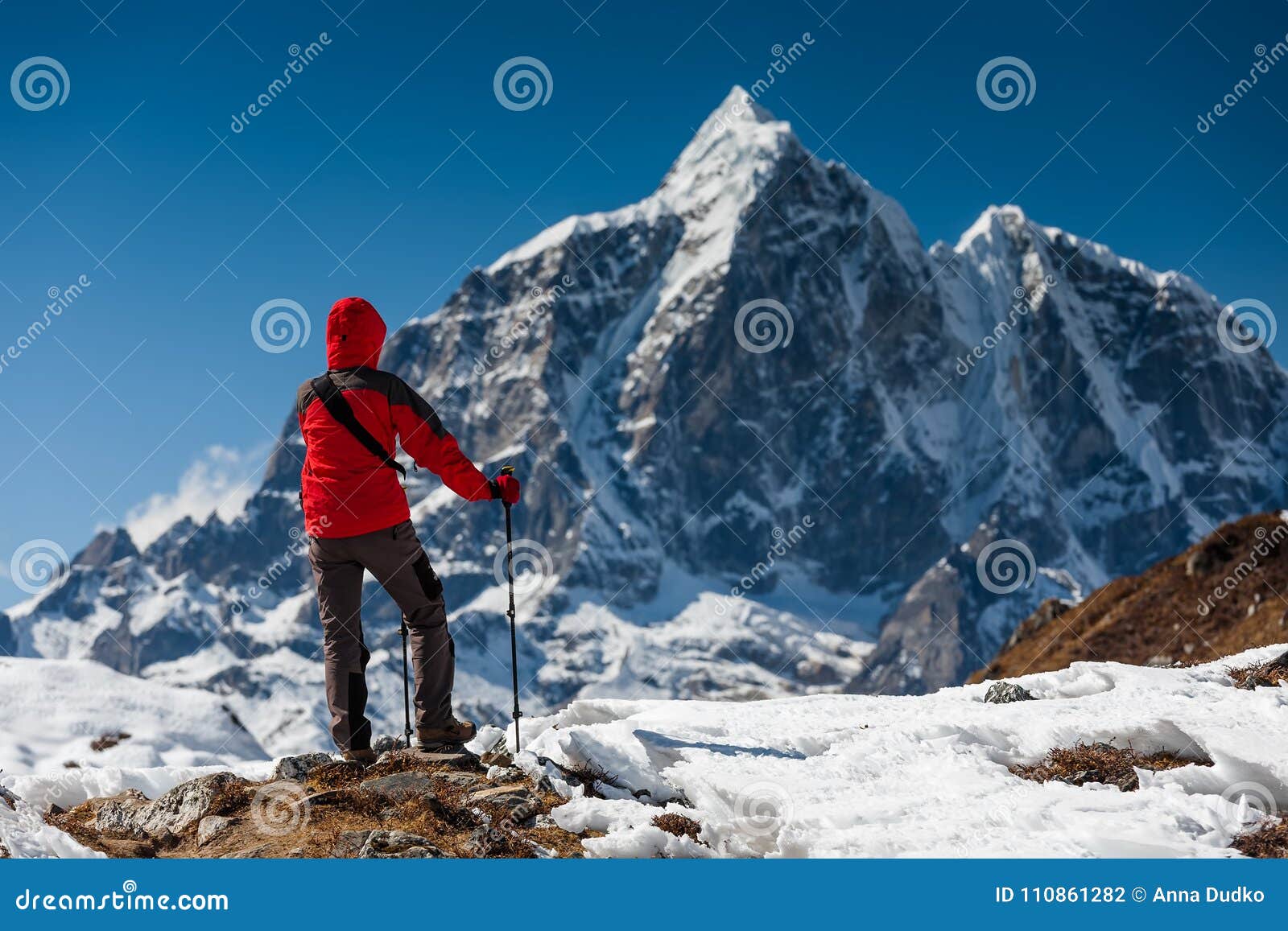 trekker in khumbu valley on a way to everest base camp