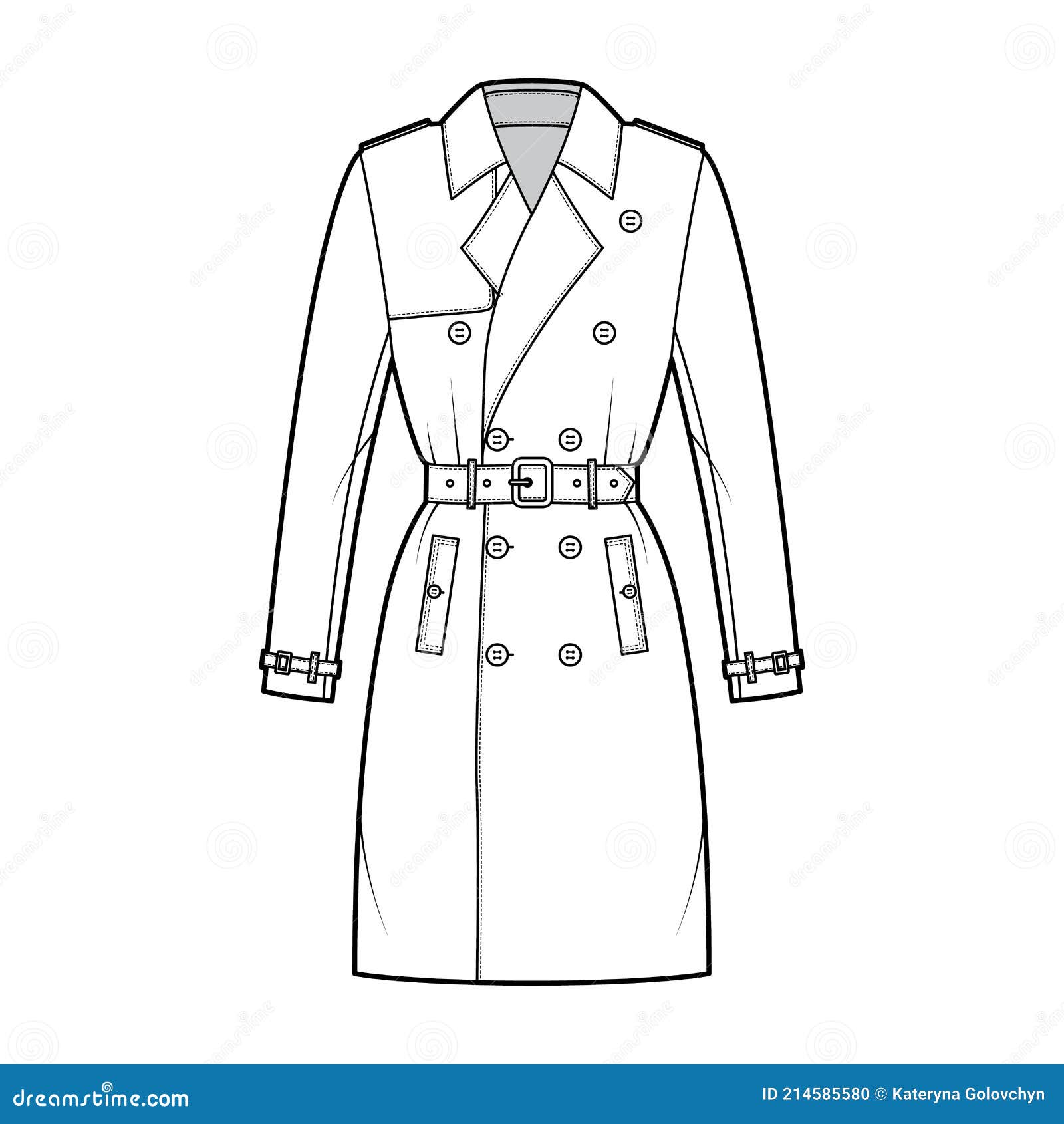 Trench Coat Technical Fashion Illustration with Belt, Double Breasted ...