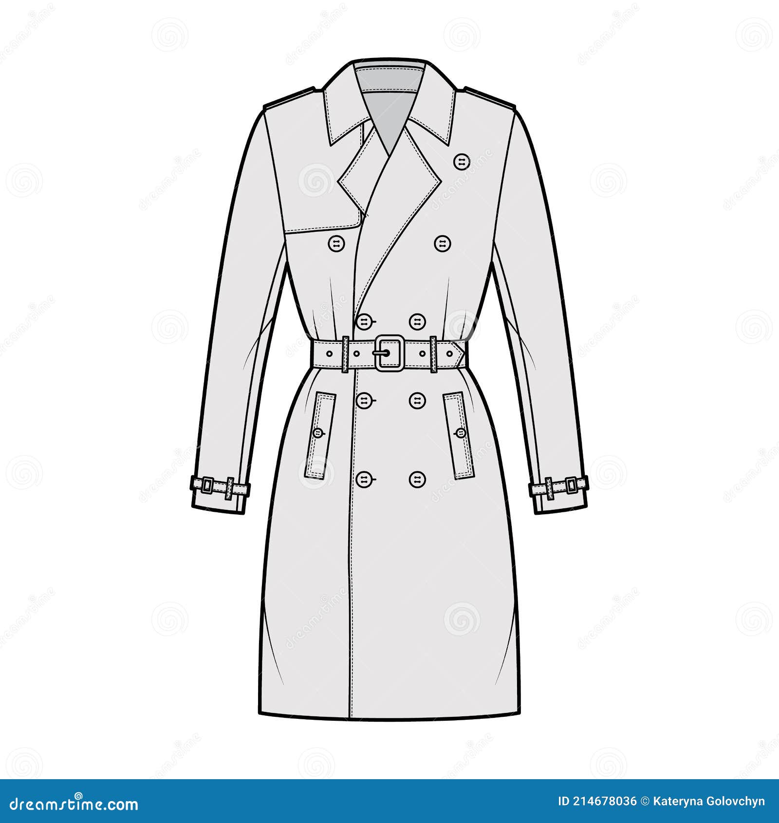 Trench Coat Technical Fashion Illustration with Belt, Double Breasted ...