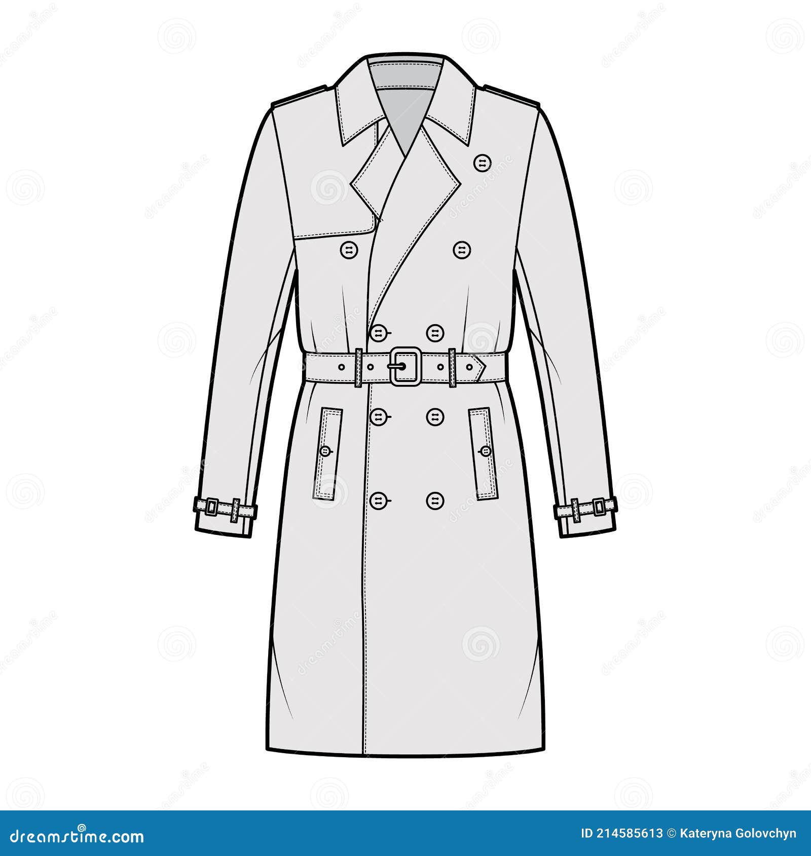 Trench Coat Technical Fashion Illustration with Belt, Double Breasted ...