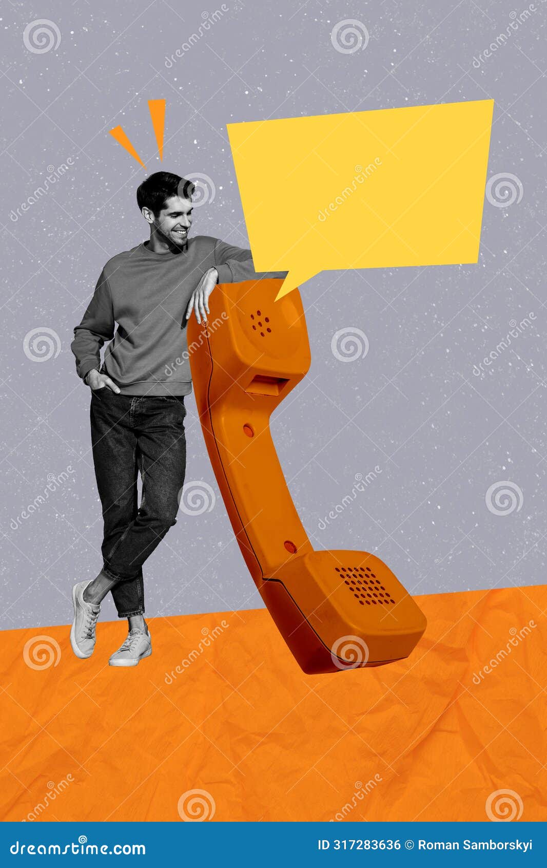 trend artwork sketch image composite 3d photo collage of handsome guy man stand at huge landline phone call speek cloud