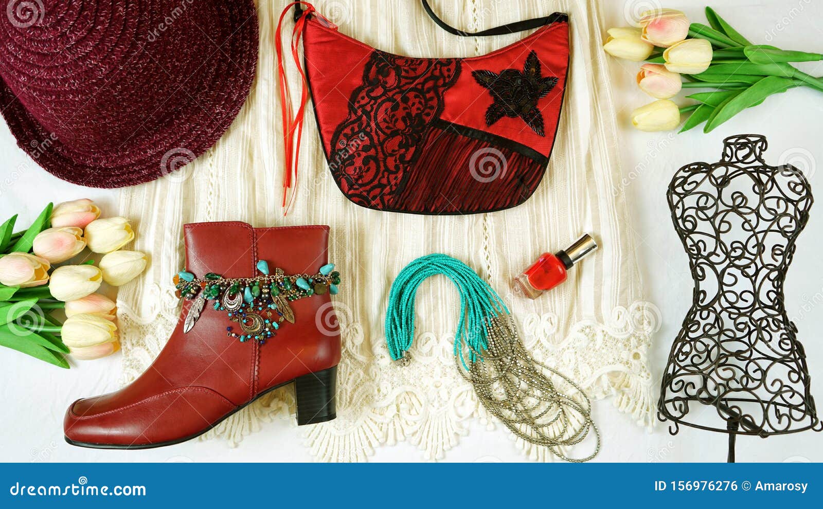 boho chic fashion layout flat lay with dress and accessories.