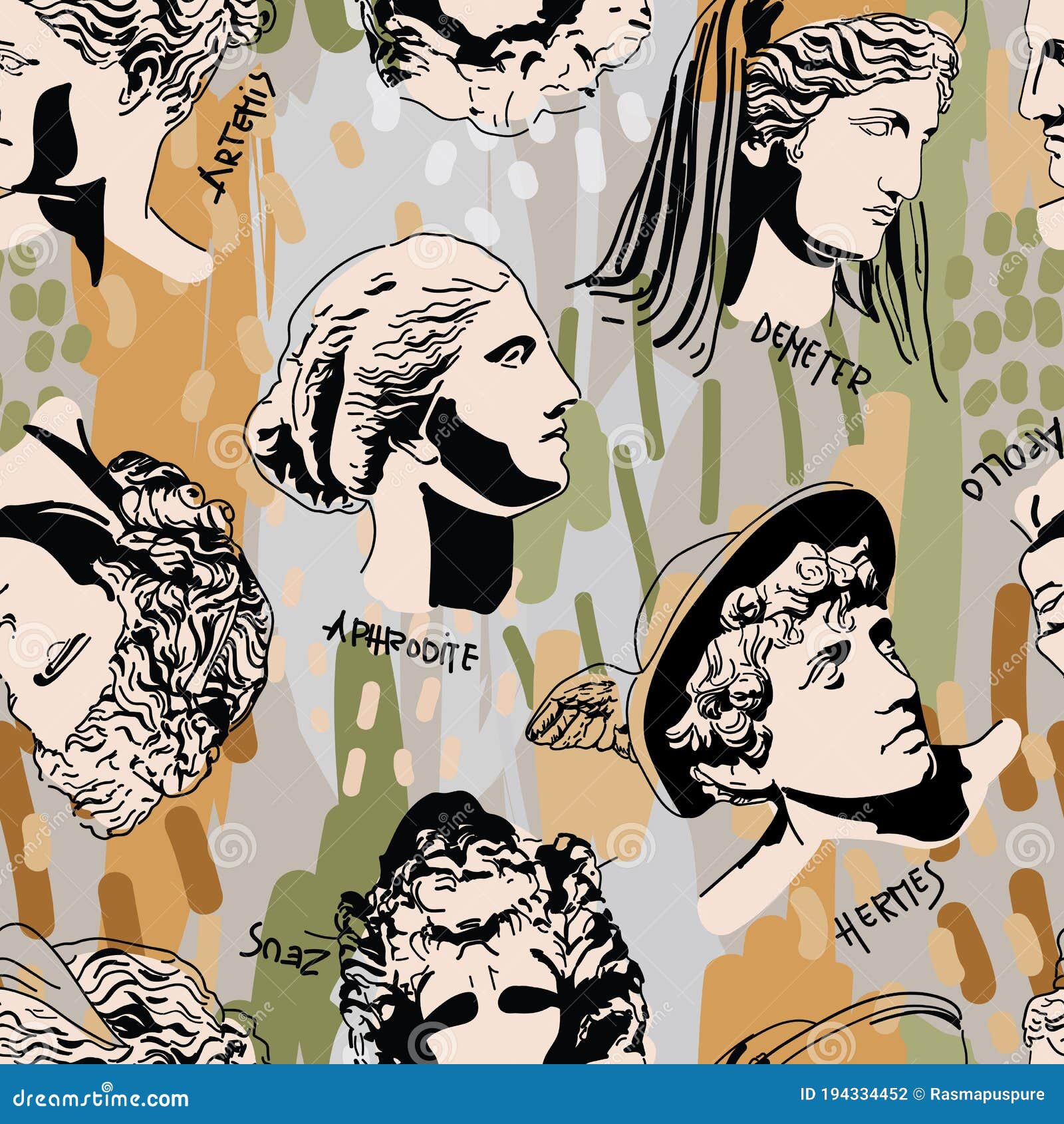 Greek Gods Vector Art Seamless Pattern. Colorful Drawing of Greek Gods