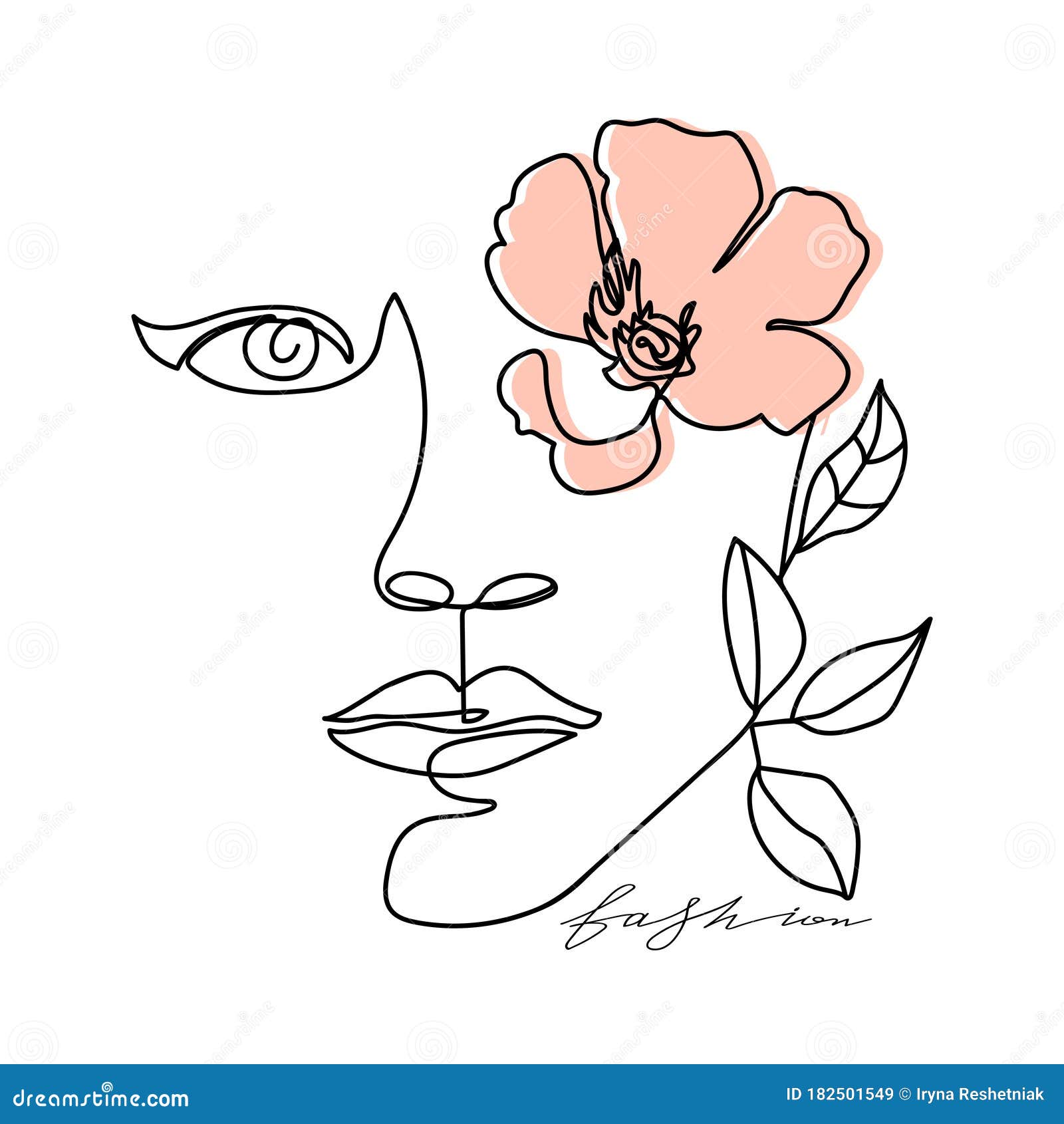 Trendy Abstract One Line Woman Face With Leaves, Flower And Stylish Lettering. Stock Vector ...