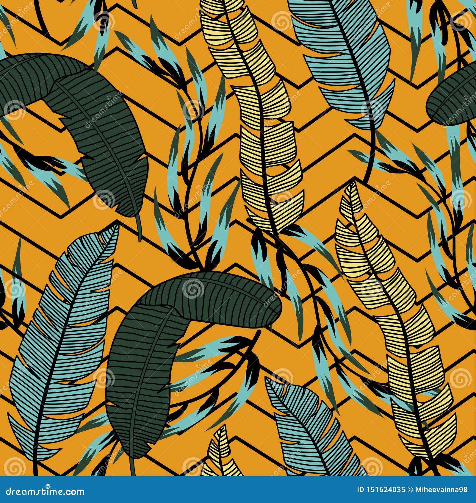 trendy abstract seamless pattern with colorful tropical leaves and flowers on an orange background.  . jungle print. f