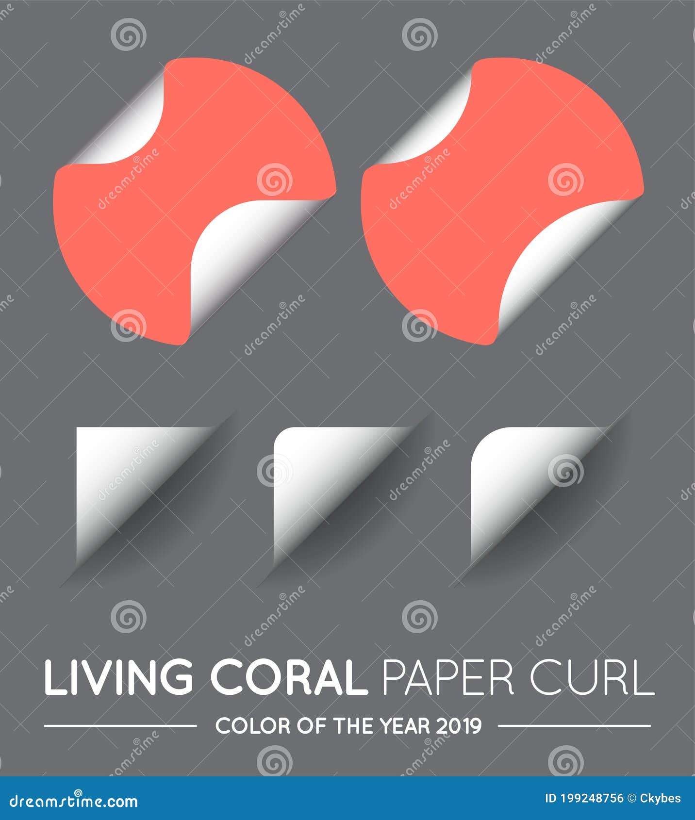 trendy color coral  round circle with paper curl with shadow  set