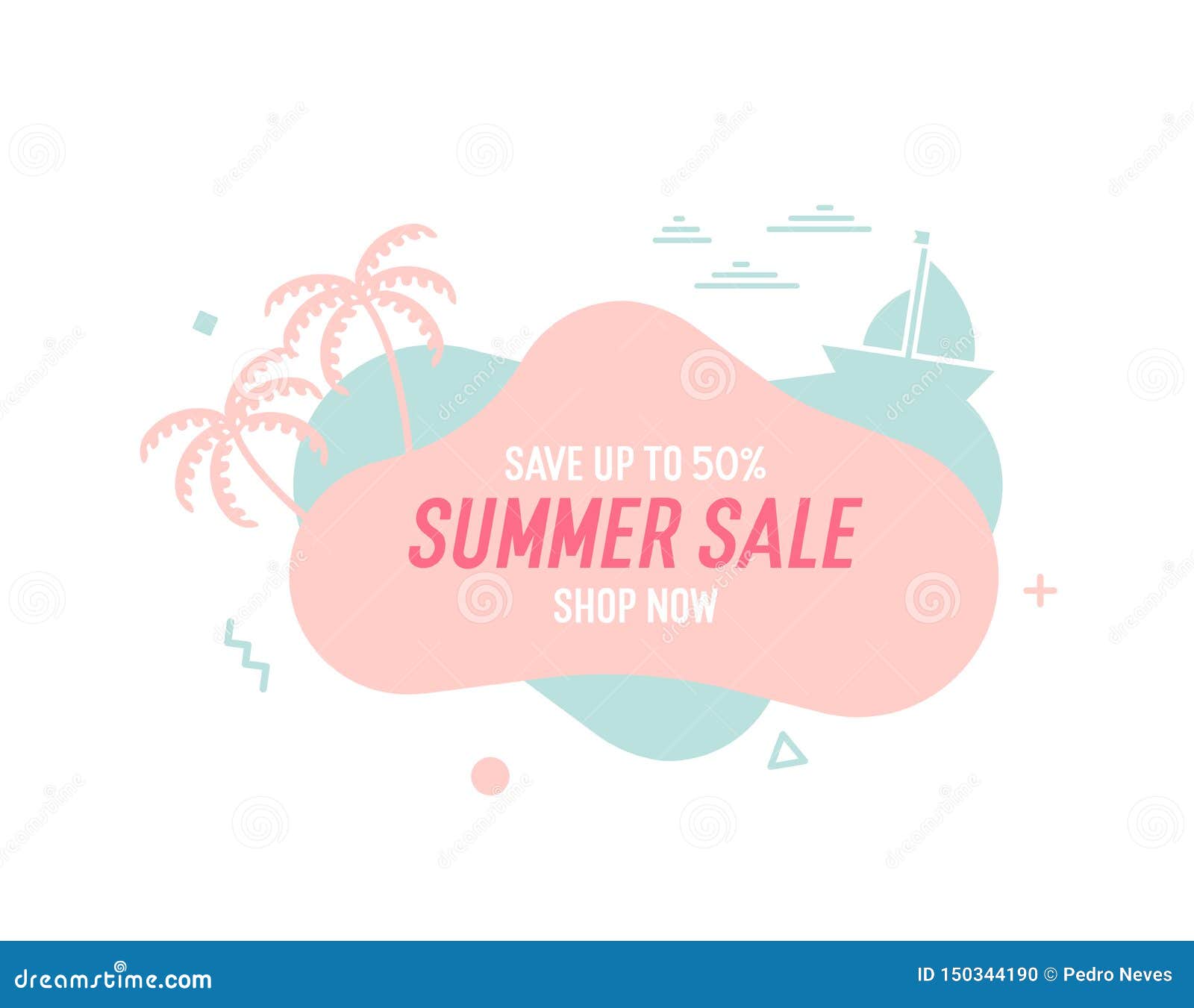 trendy colorful summer sale banner with palmtrees, boat and waves..  geometric template liquid and wavy s with smooth