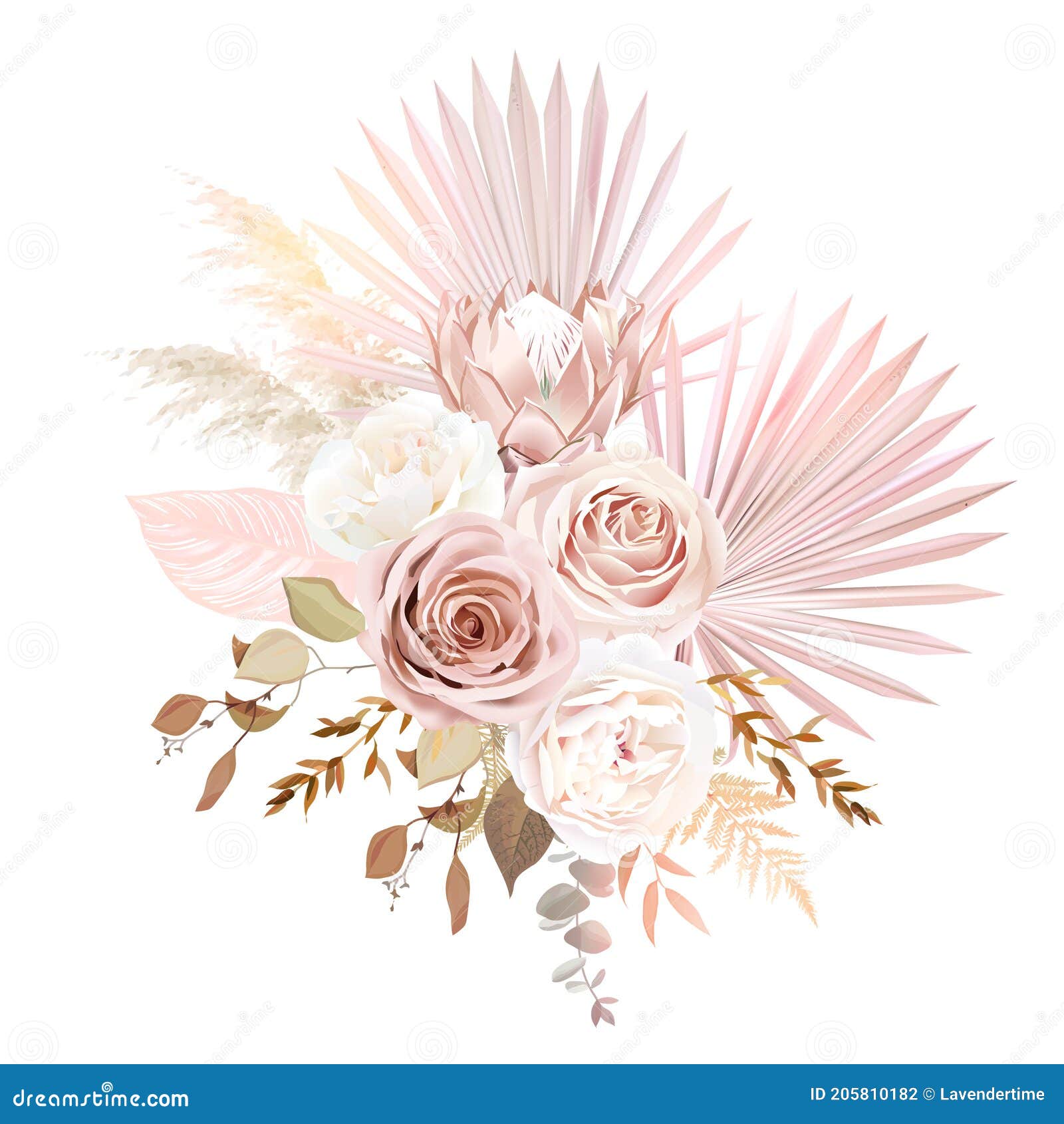 trendy dried palm leaves, blush pink rose, pale protea, white ranunculus