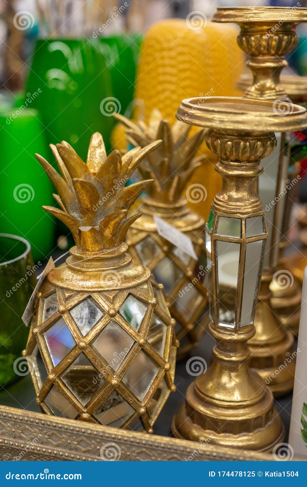 trendy exotic golden pineapple d ceramic candlesticks, sconces, arte deco style home decoration, selective focus