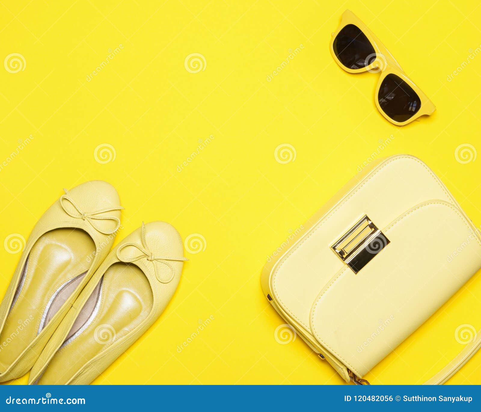 Trendy Fashion Yellow Styled Woman, Accessories Collection on Yellow ...