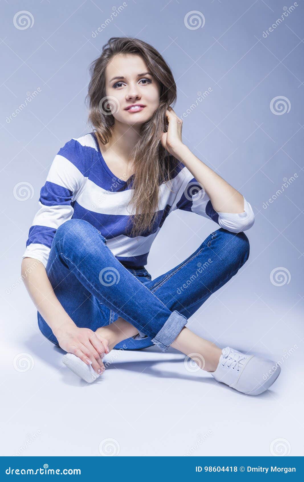 Trendy and Fashionable Positive Caucasian Brunette Girl Sitting on ...