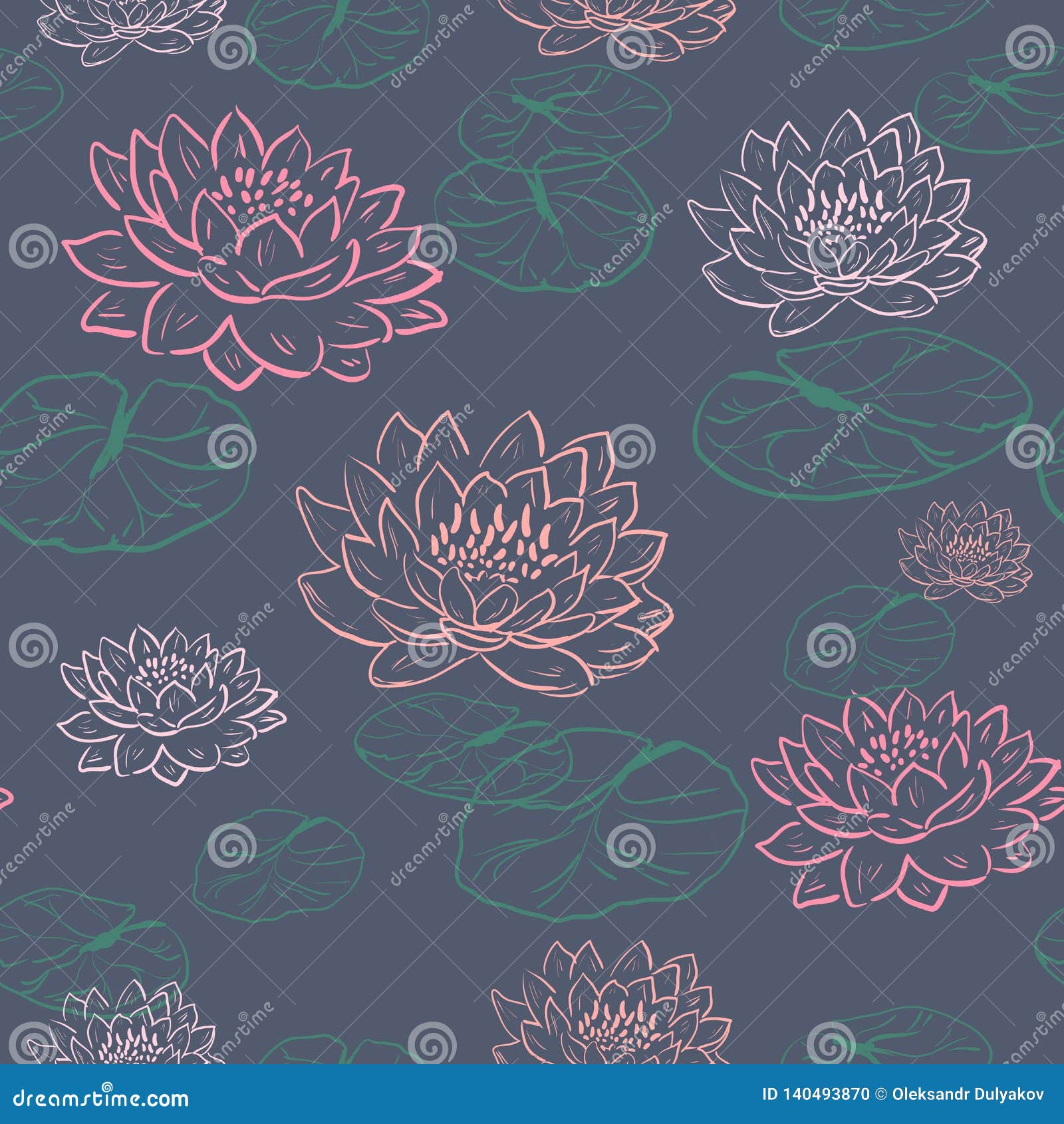 trendy floral background with lotus flower and green leaves in hand drawn style. blooming botanical motifs scattered random.