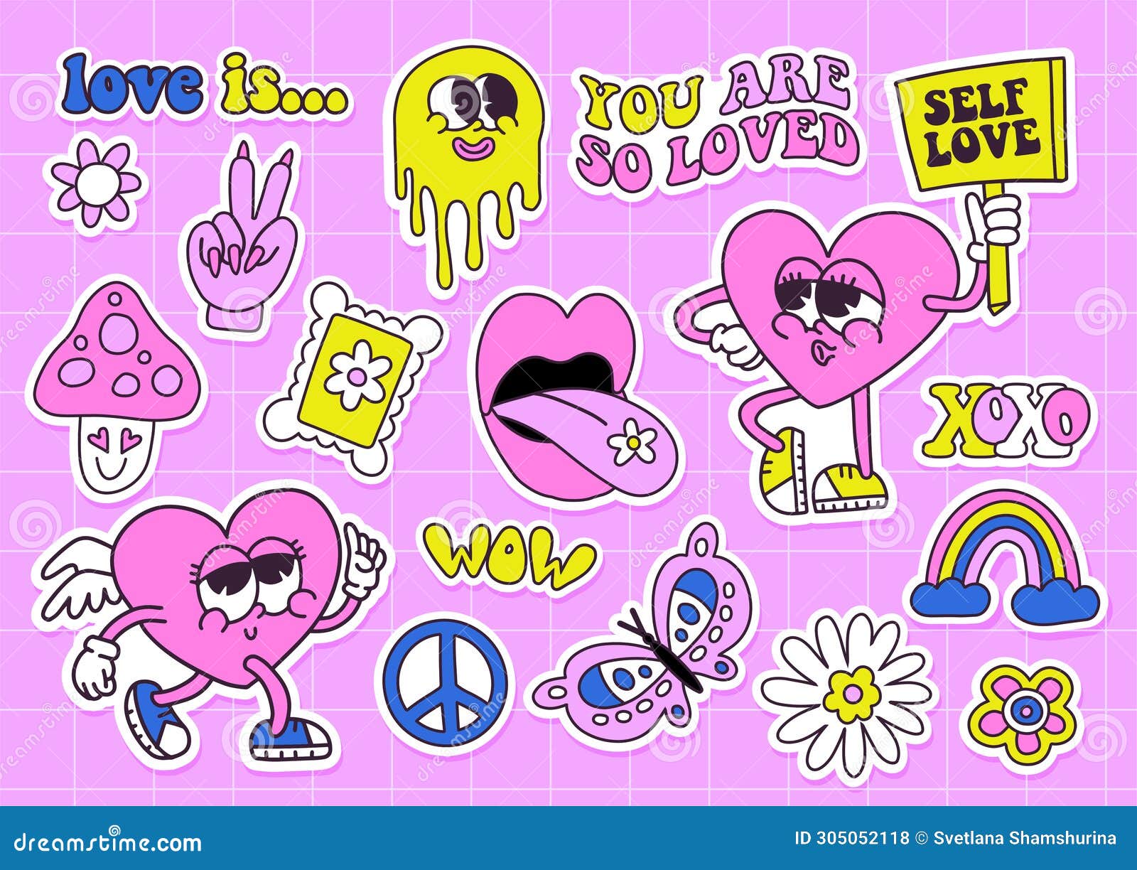 Trendy Groovy Valentines Day Sticker Set with Heart Characters. Retro ...