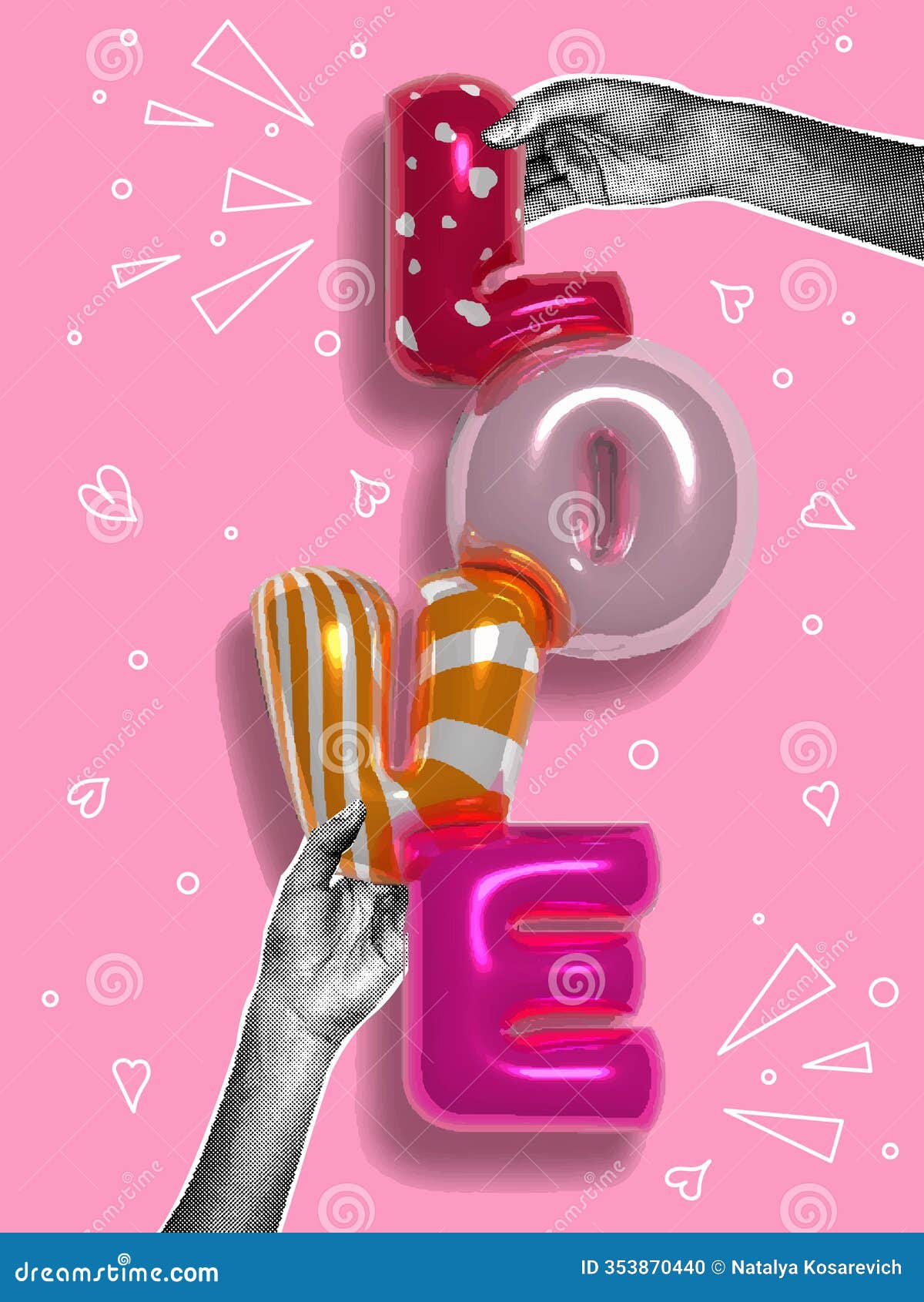 trendy halftone collage. halftone hands with 3d blown text effect. happy valentine with doodle s. trendy collage