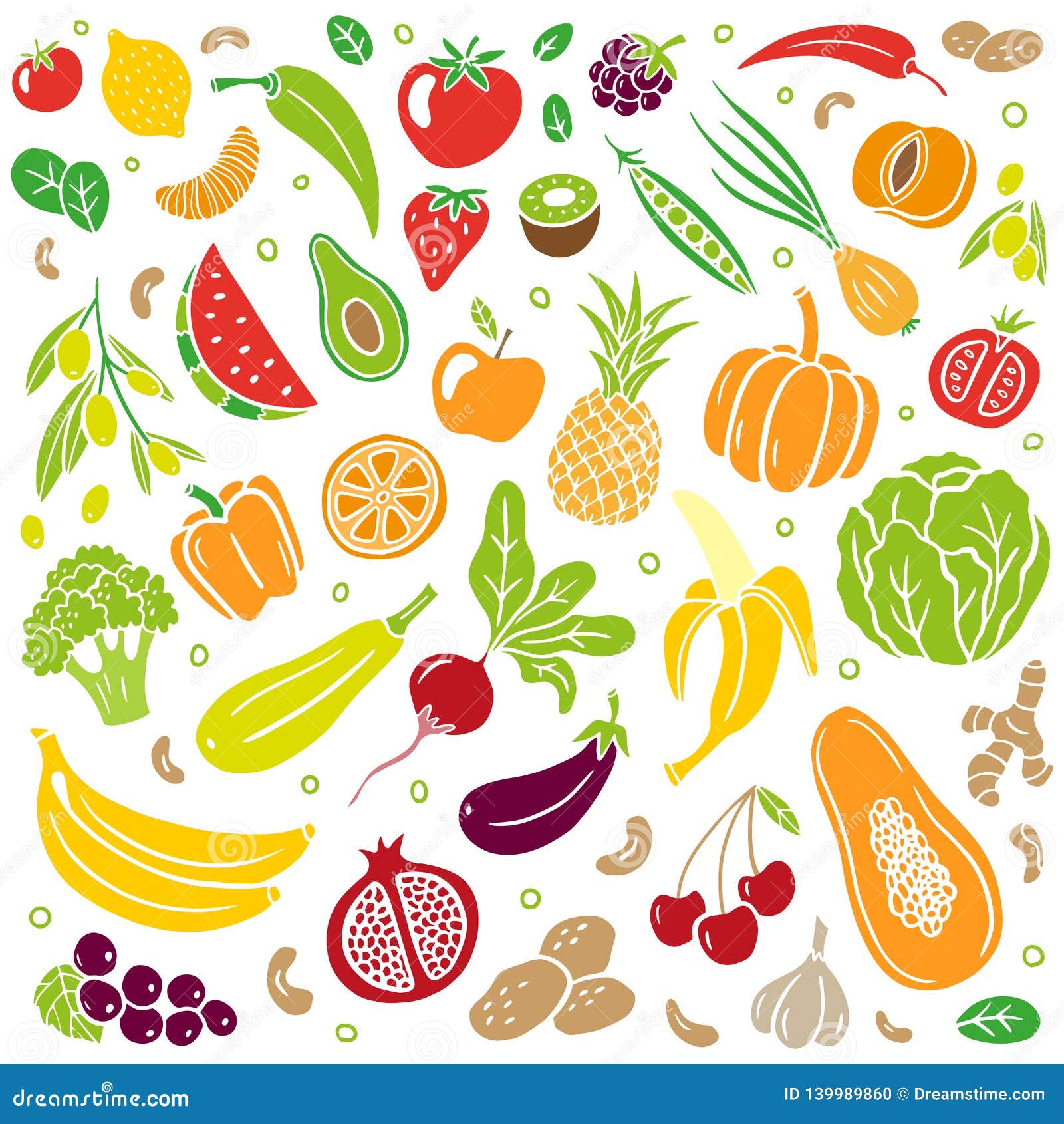 Trendy Hand-drawn Healthy Food. Fruits and Vegetables in an Organic ...