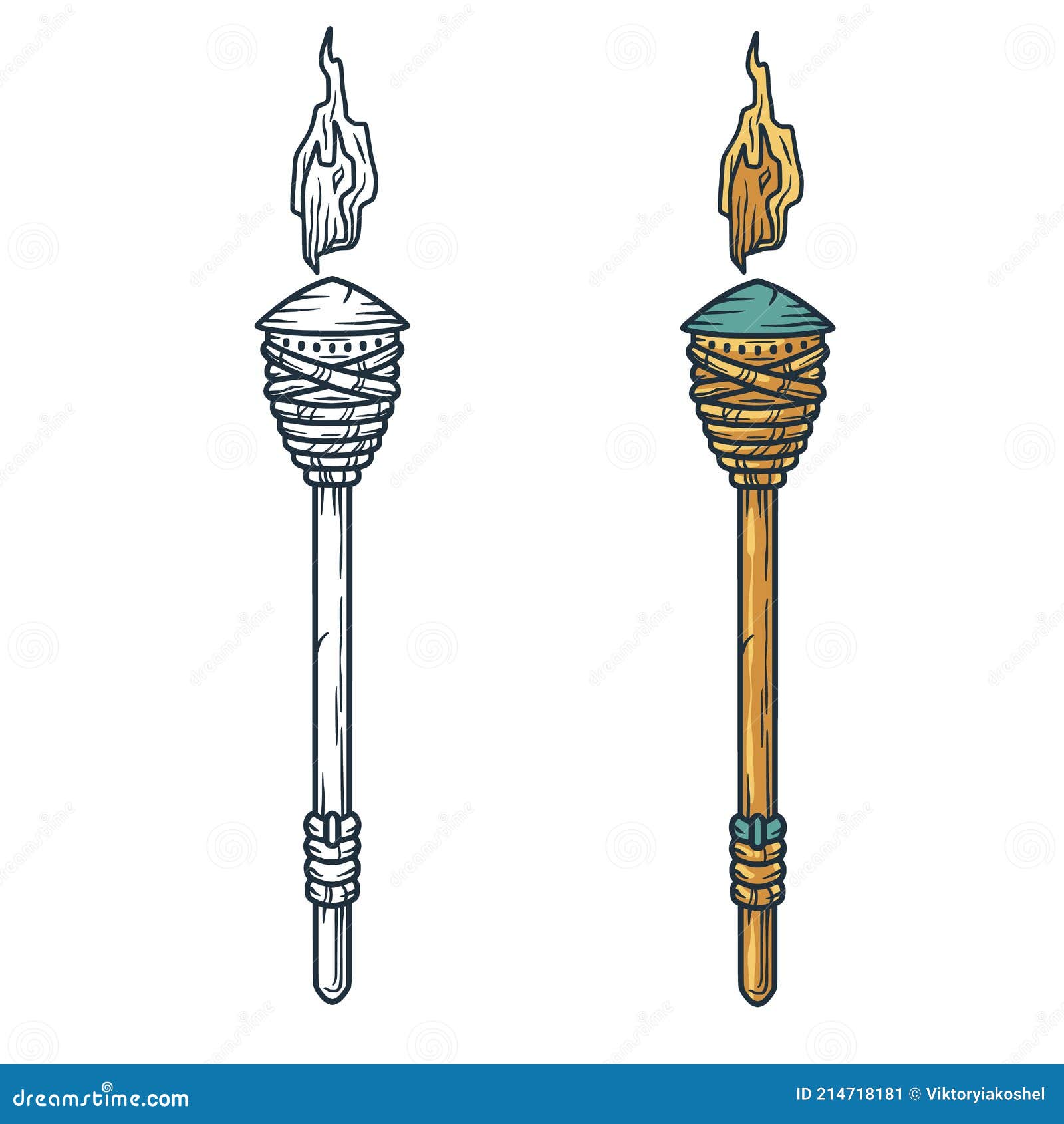 Tiki Torch With Bamboo Stick With Flame In Cartoon Style Isolated On