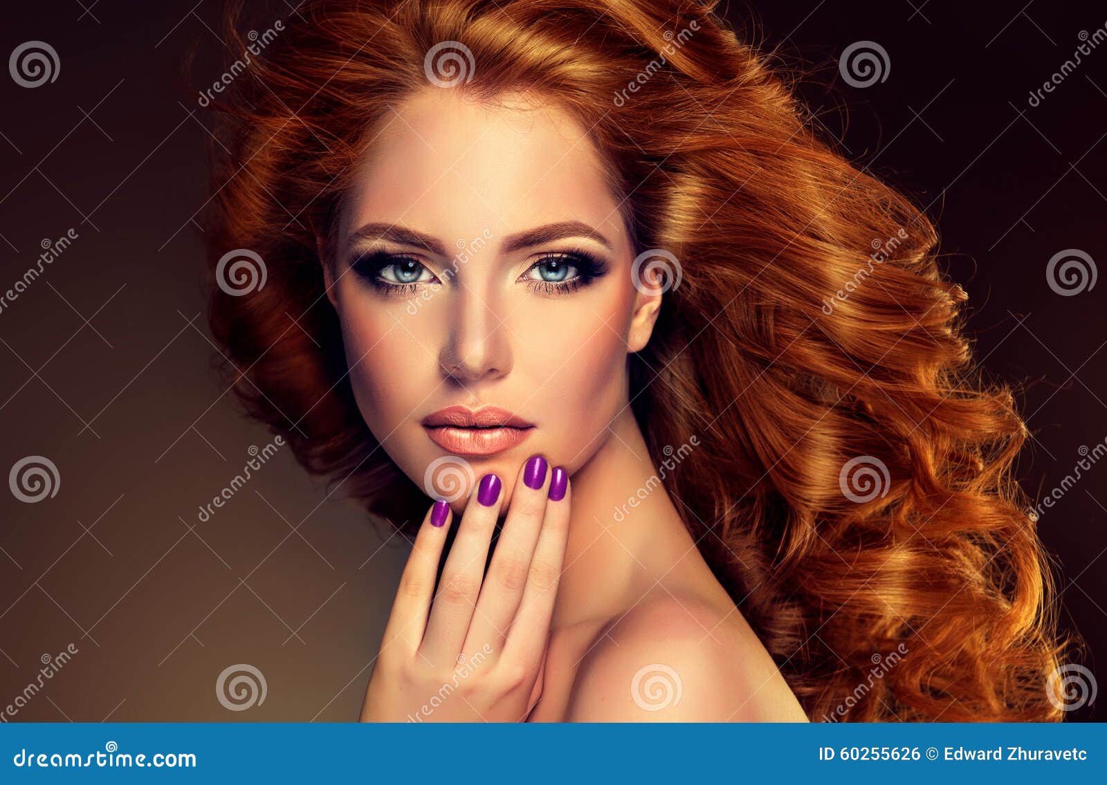 trendy image red head woman and purple nails