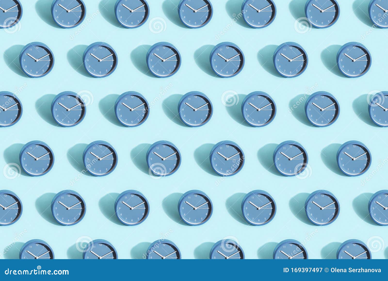 Pattern Made of Blue Clock on Pastel Blue Background. Stock Image Image of clock, morning
