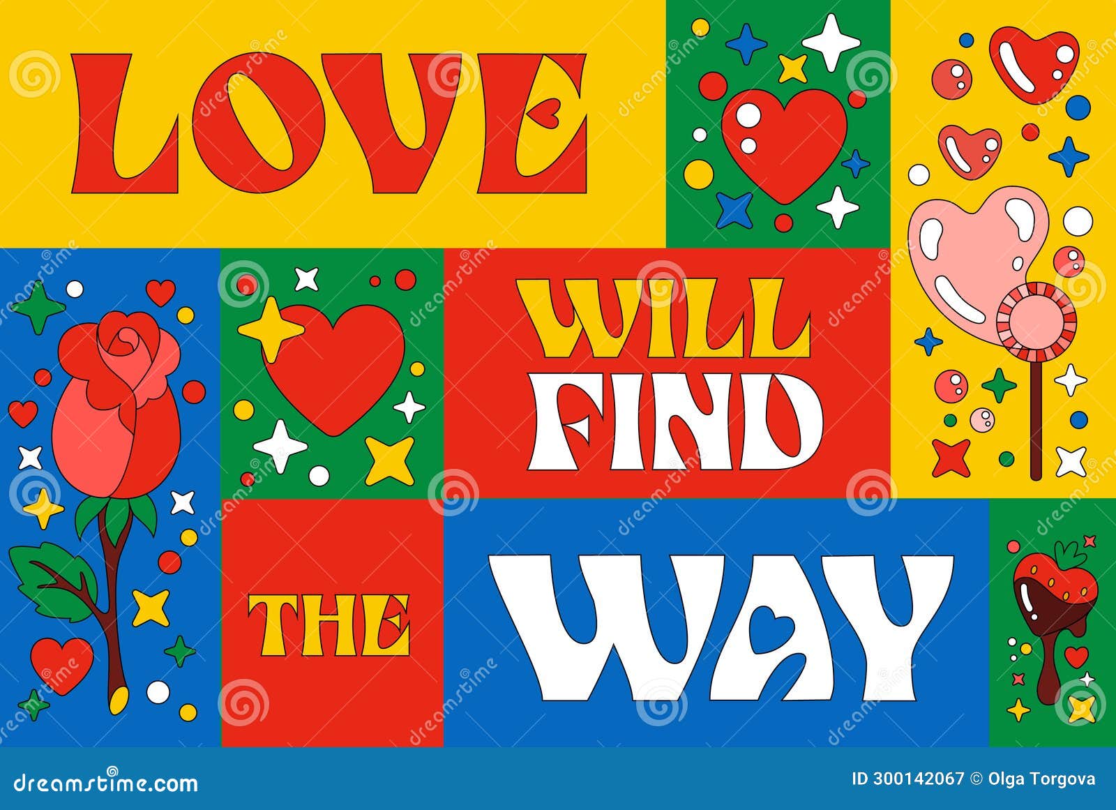trendy 70s style typography themed , love will find the way. st. valentine lettering   with love-themed groovy