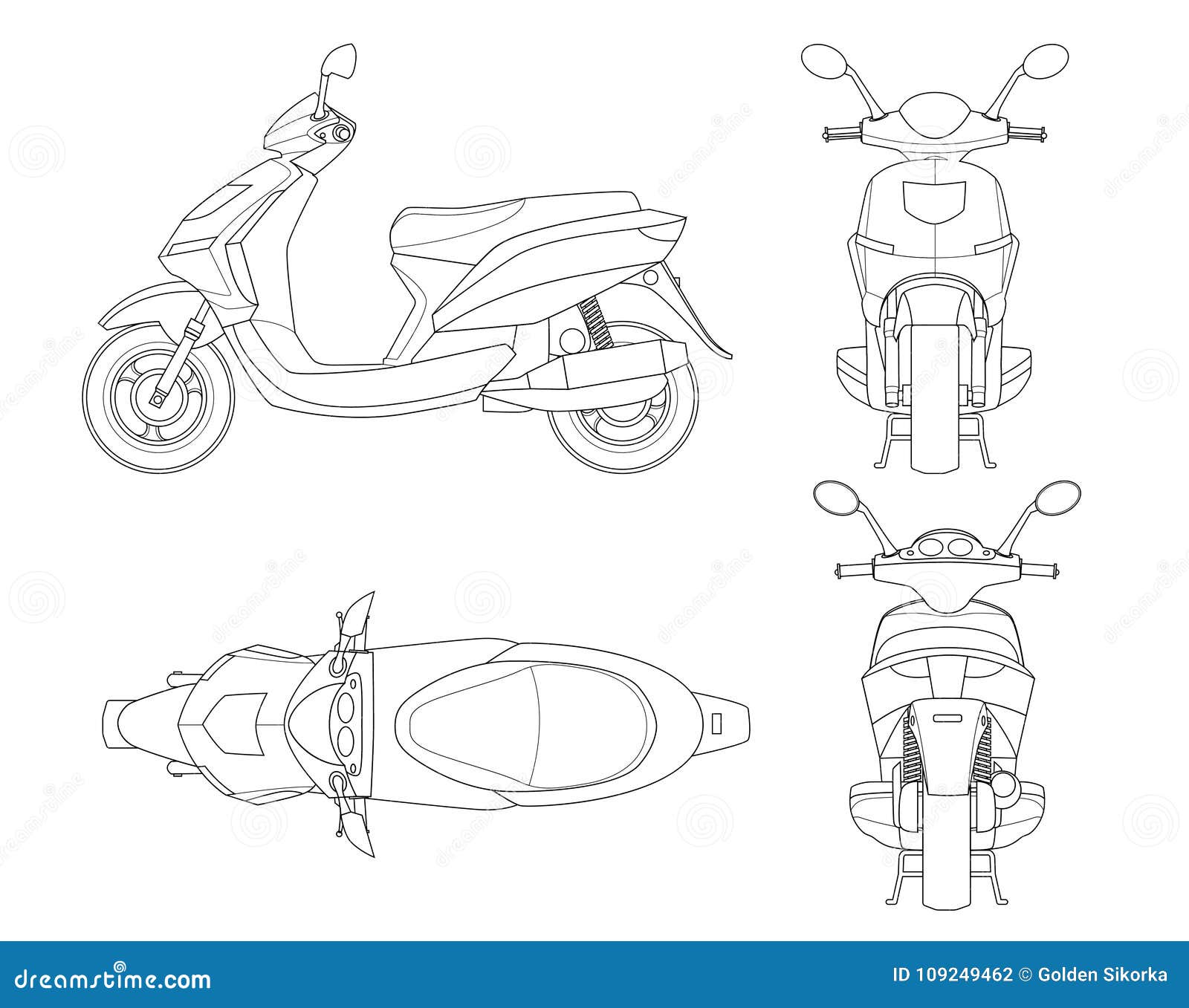 trendy scooter outline  on white background.  motorbike template for moped, motorbike branding and