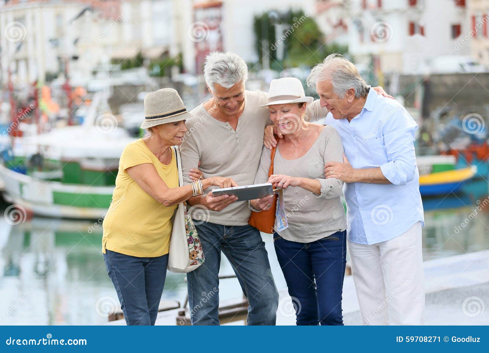 trendy senior couples together on a trip