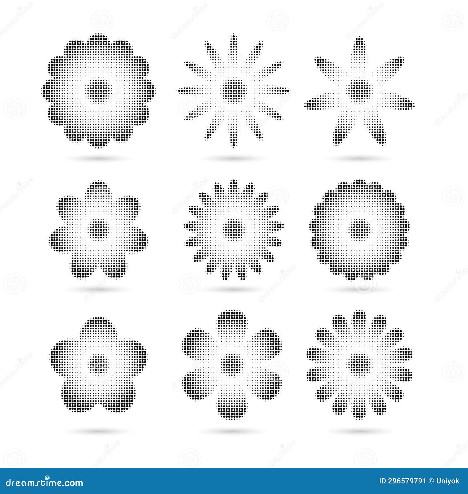 Trendy Set of Flower Silhouettes with Halftone Dots Texture. Vector ...