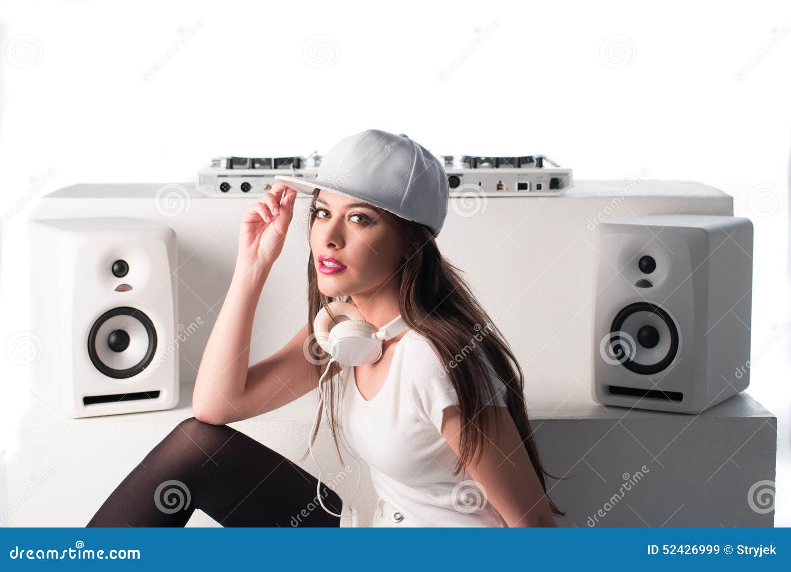 Trendy Dj Dressed In White Mixing Music Stock Image Image Of Stereo Friendly 52426999 
