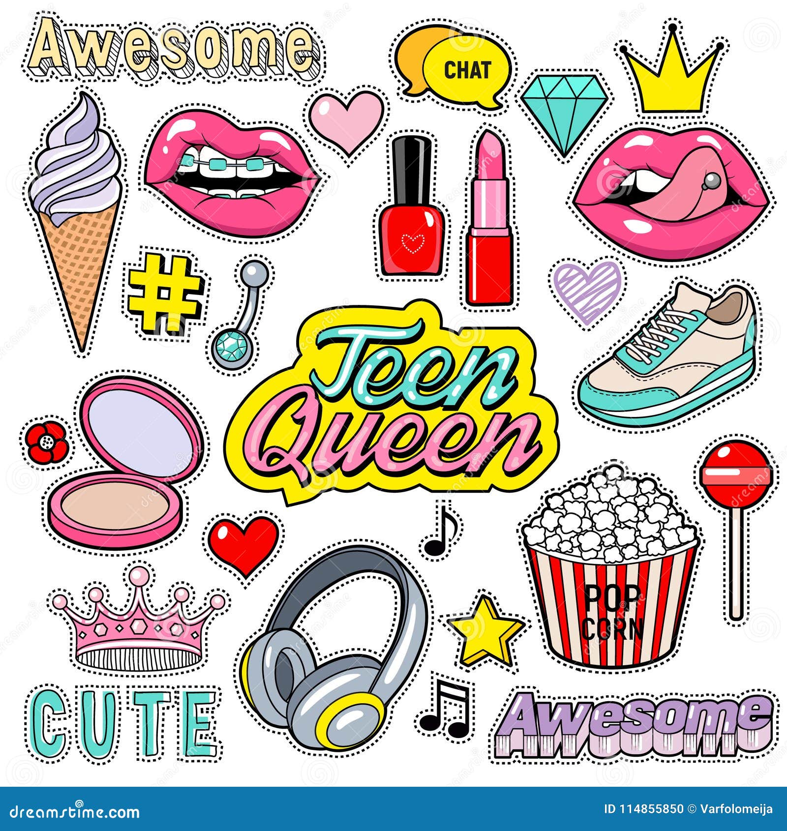 Trendy Sticker Pack Heart, Crown, Lips, Diamond. Cute Fashion Stikers Kit.  Doodle Pop Art Sketch Badges and Pins Stock Vector - Illustration of  icecream, heart: 114855850
